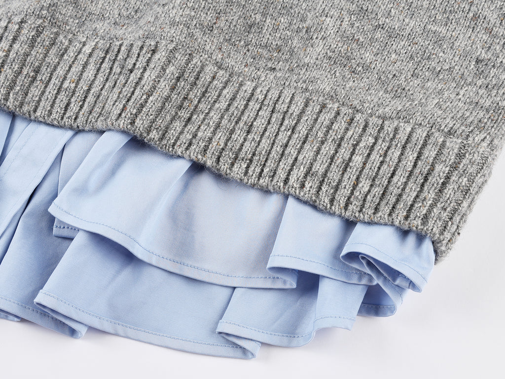 V-neck layered-look pullover with shirt detail