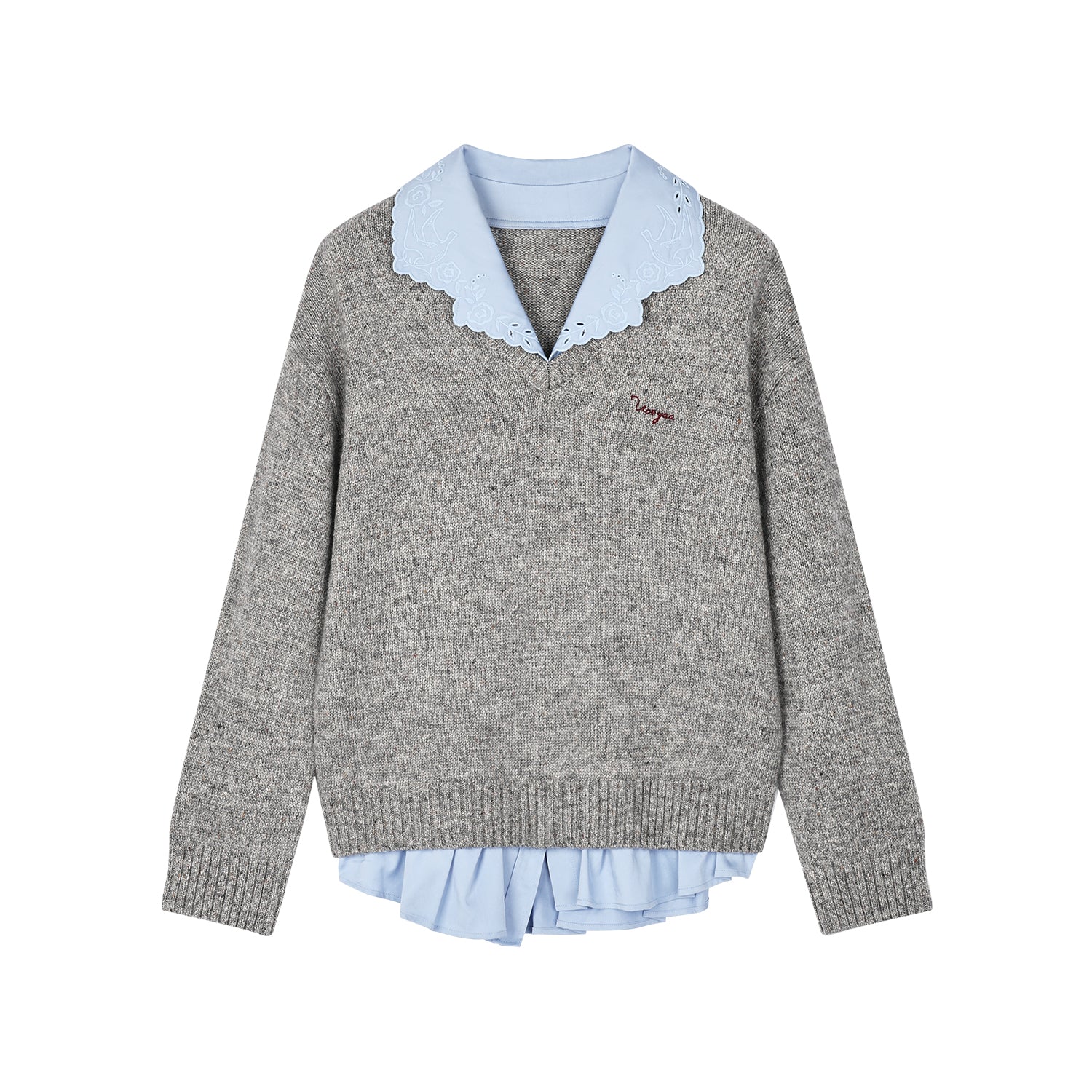 V-neck layered-look pullover with shirt detail