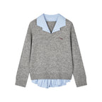 V-neck layered-look pullover with shirt detail