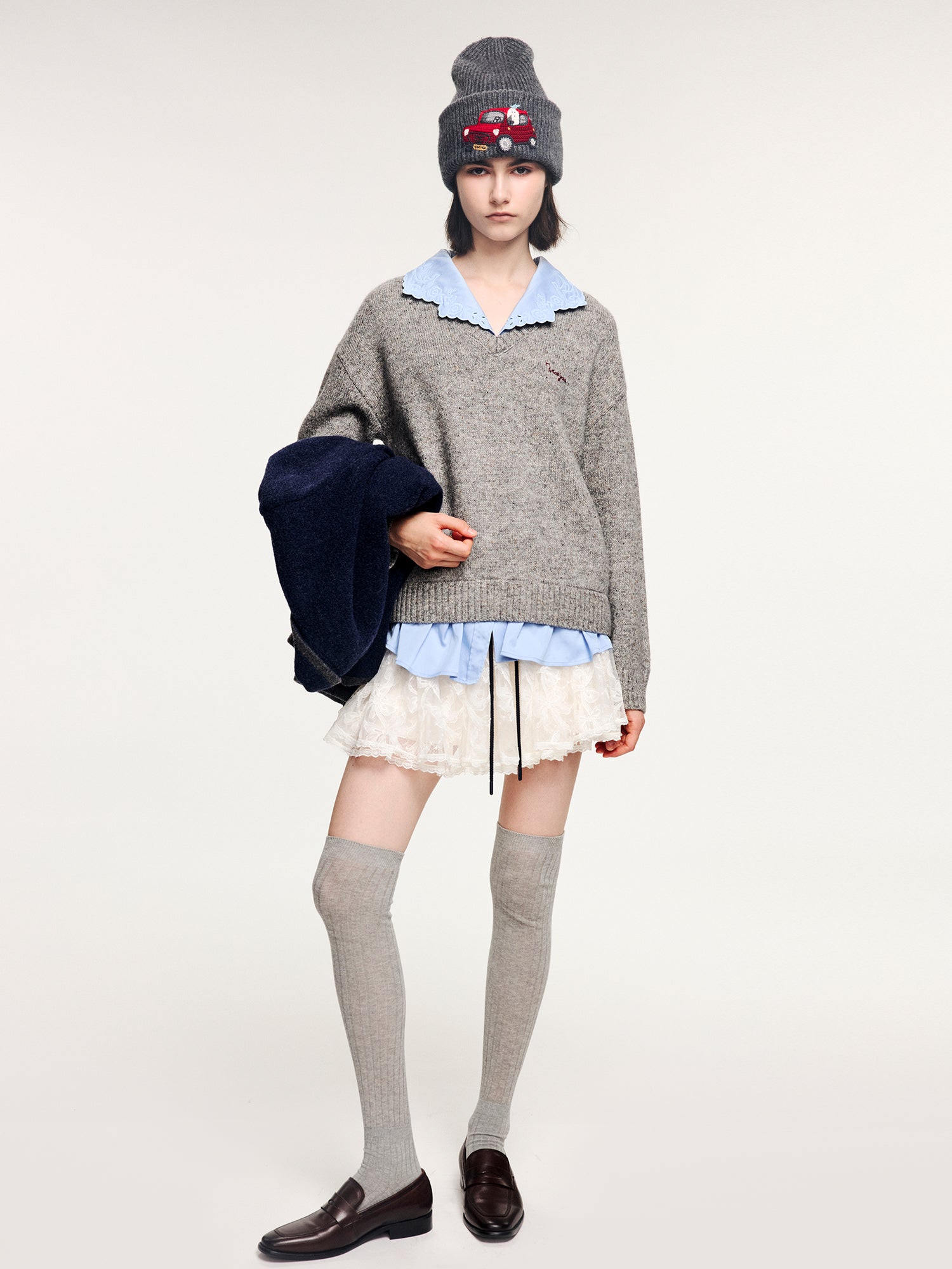 V-neck layered-look pullover with shirt detail