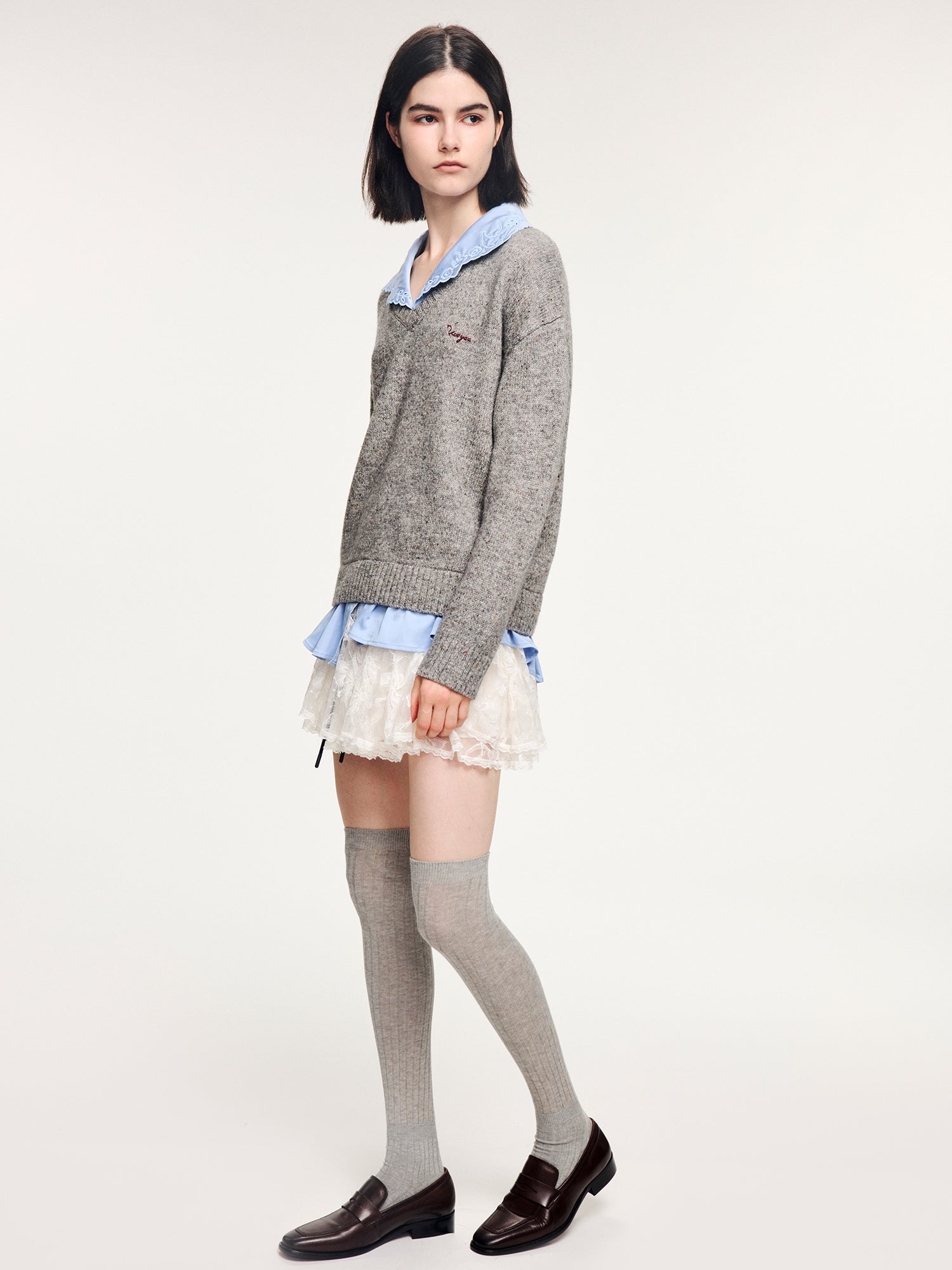 V-neck layered-look pullover with shirt detail