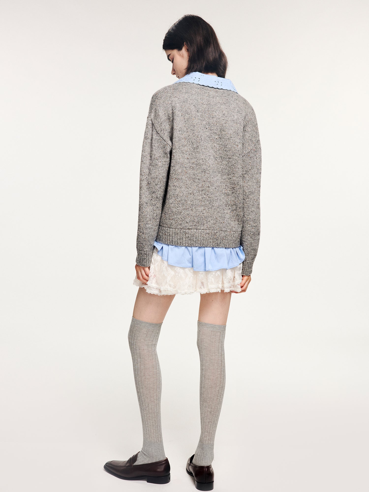 V-neck layered-look pullover with shirt detail