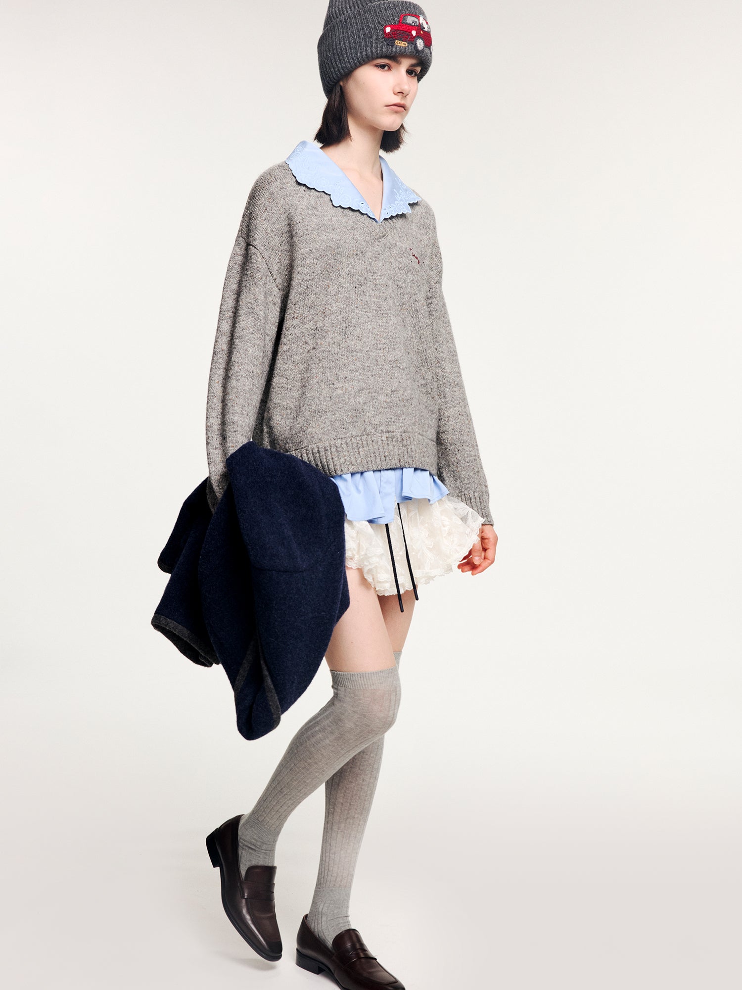 V-neck layered-look pullover with shirt detail