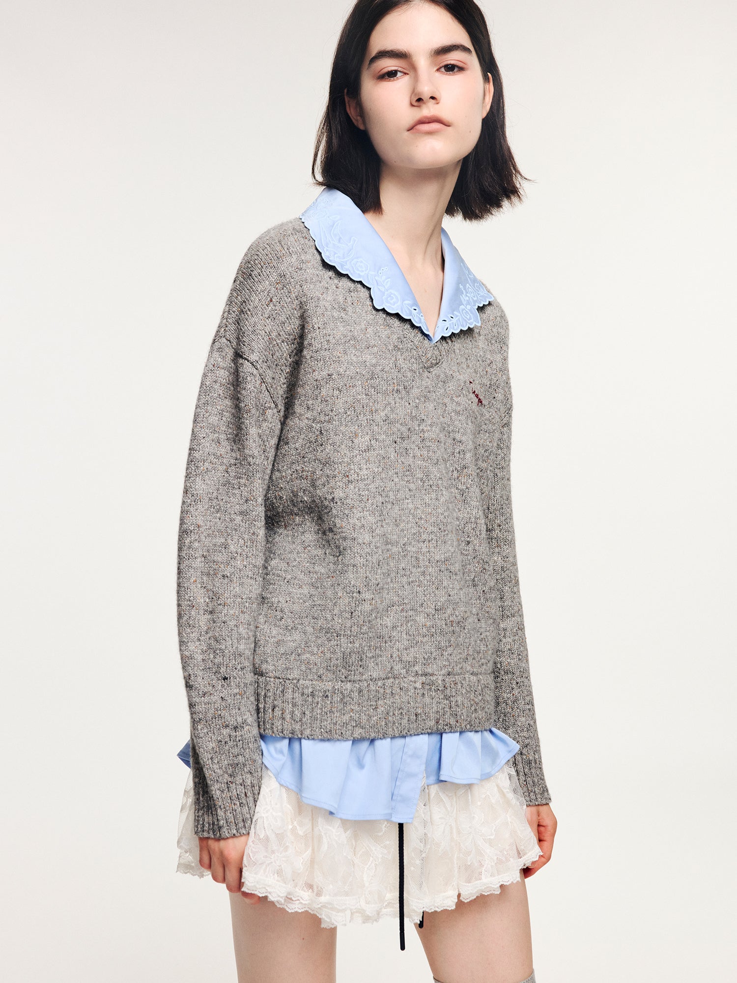 V-neck layered-look pullover with shirt detail