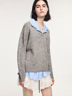 V-neck layered-look pullover with shirt detail