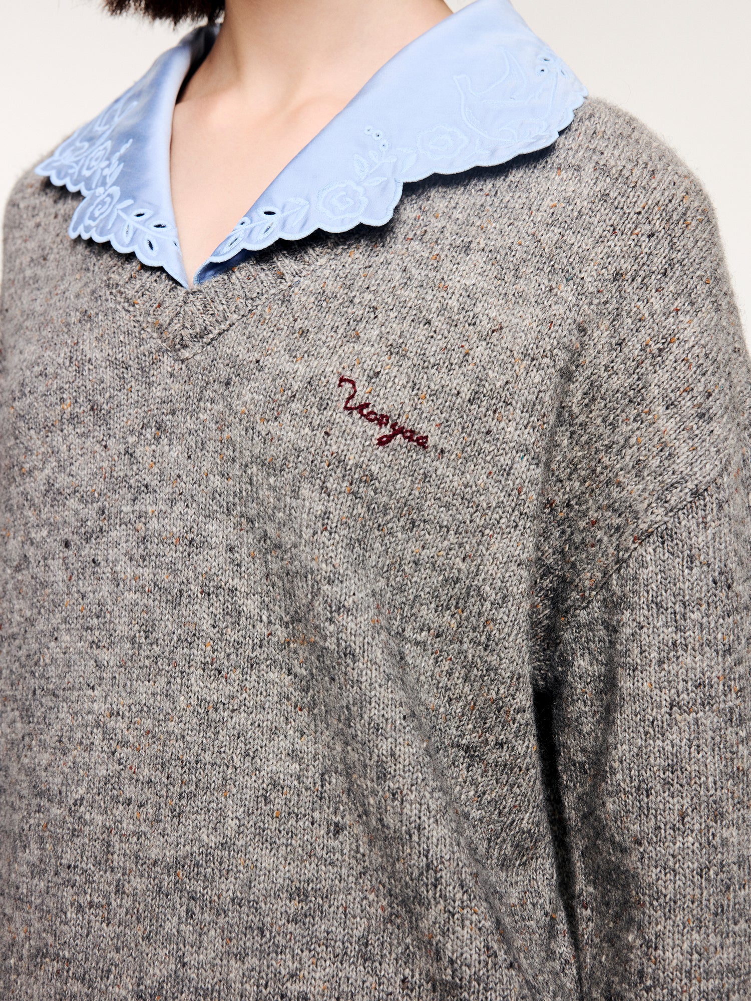 V-neck layered-look pullover with shirt detail