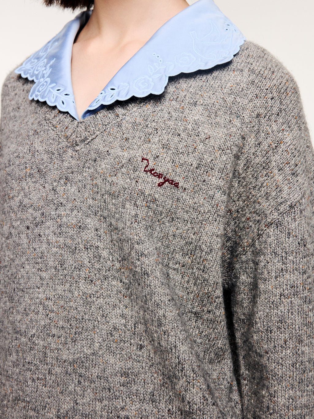 V-neck layered-look pullover with shirt detail