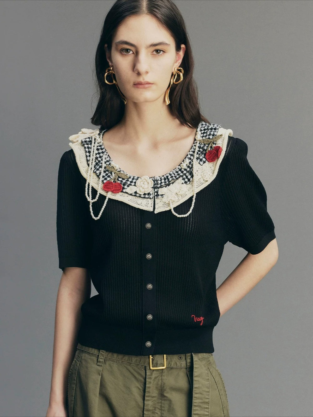 Vintage Lace-Collar Hand-Knit Sweater