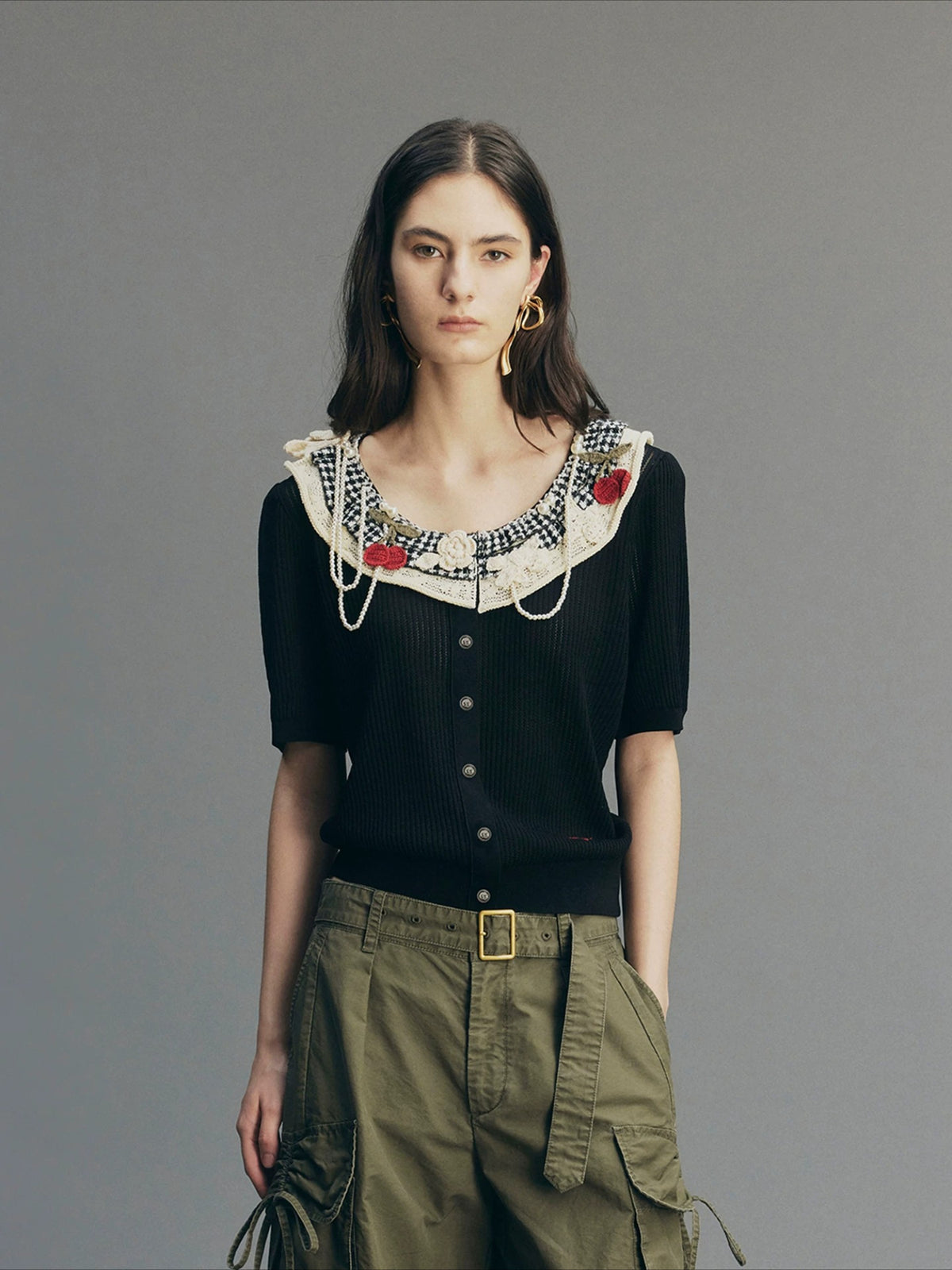 Vintage Lace-Collar Hand-Knit Sweater