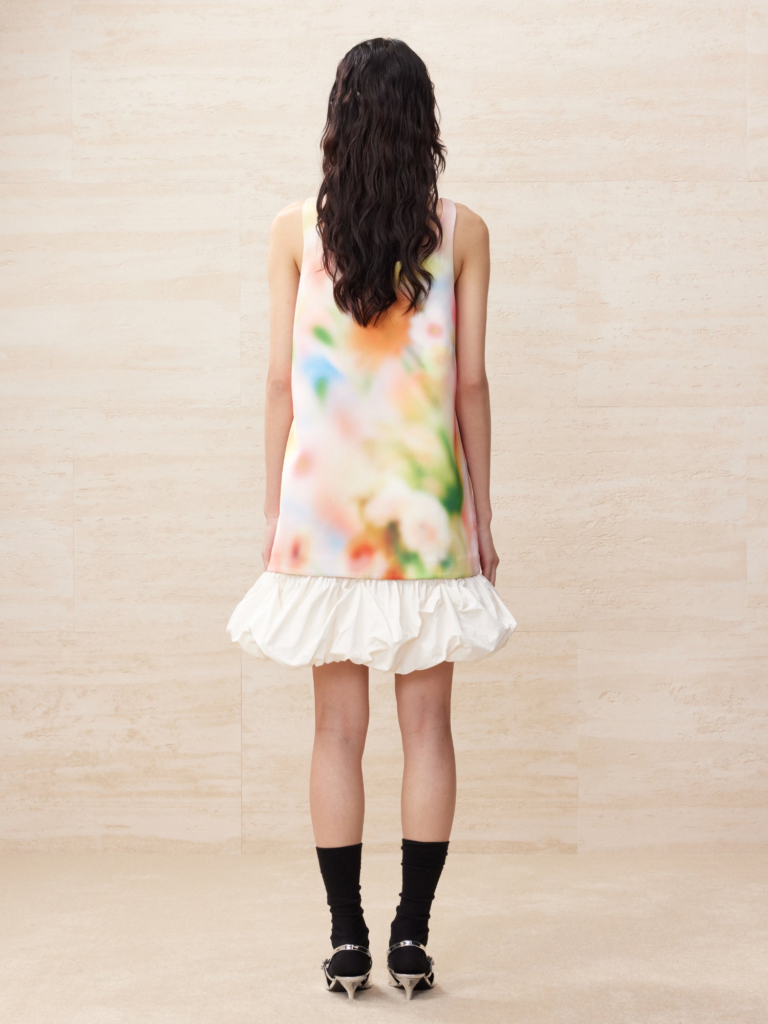 Blurred pastel pattern white bubble edge dress