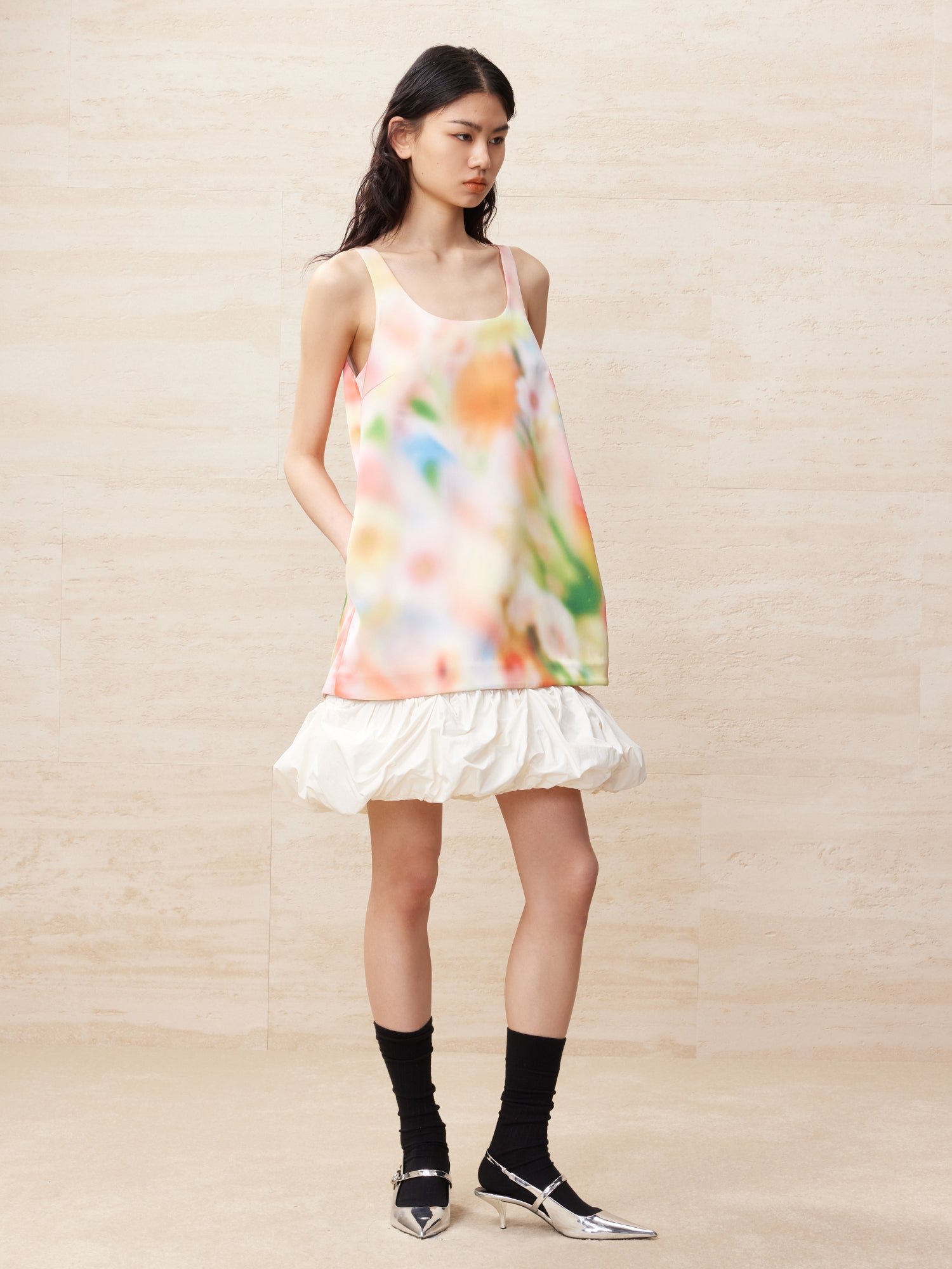 Blurred pastel pattern white bubble edge dress