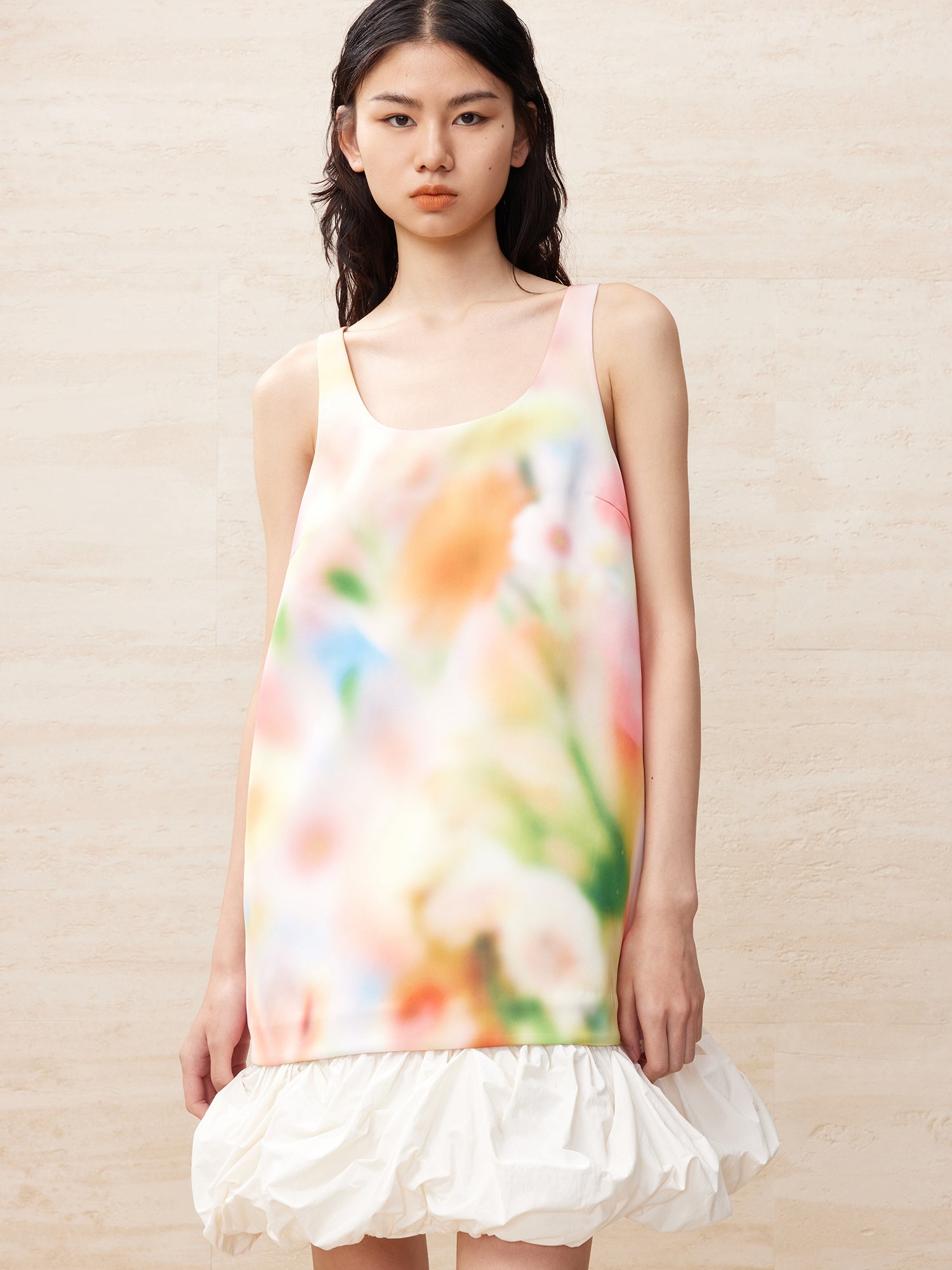 Blurred pastel pattern white bubble edge dress