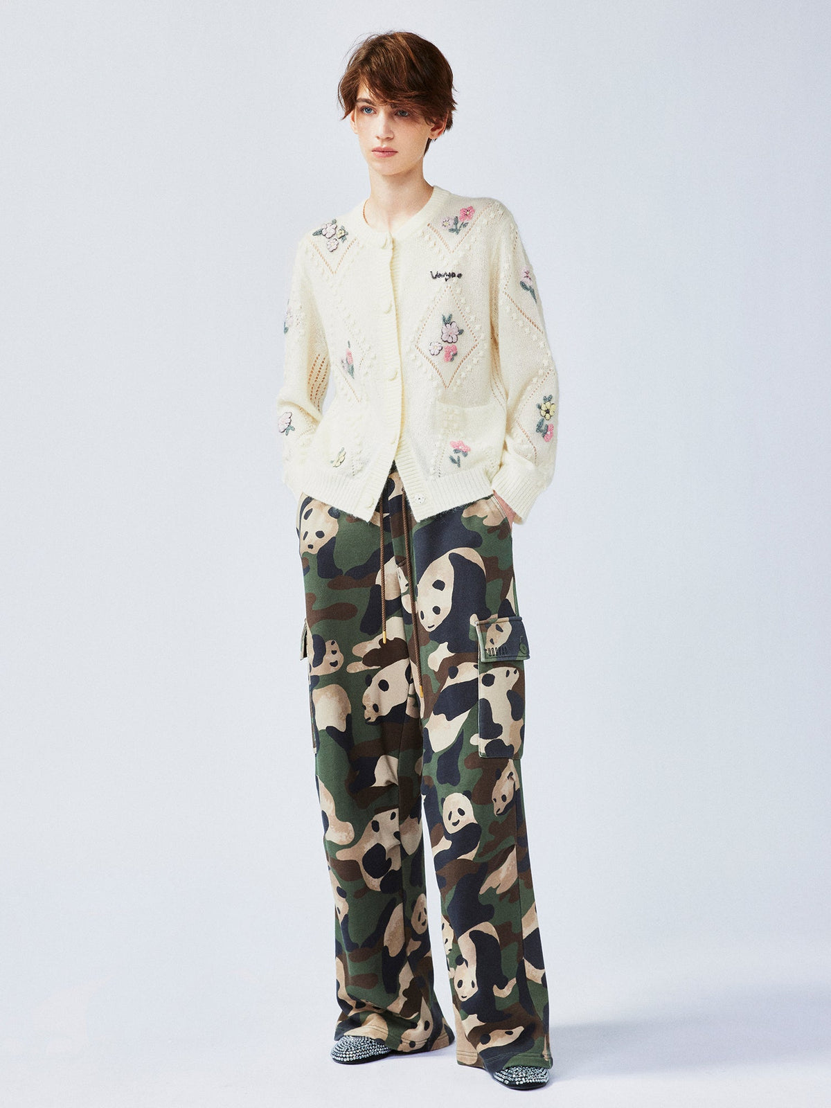 Diamond-pattern floral knit cardigan