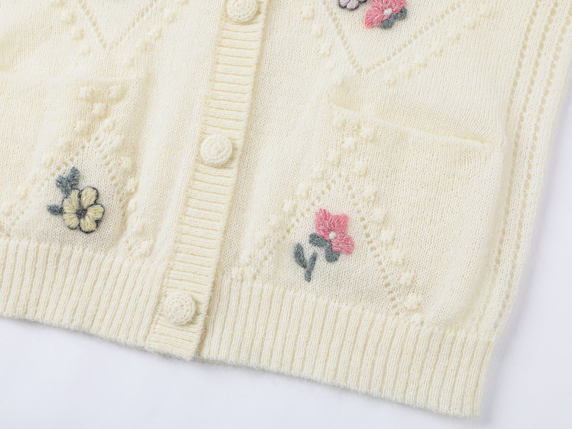 Diamond-pattern floral knit cardigan