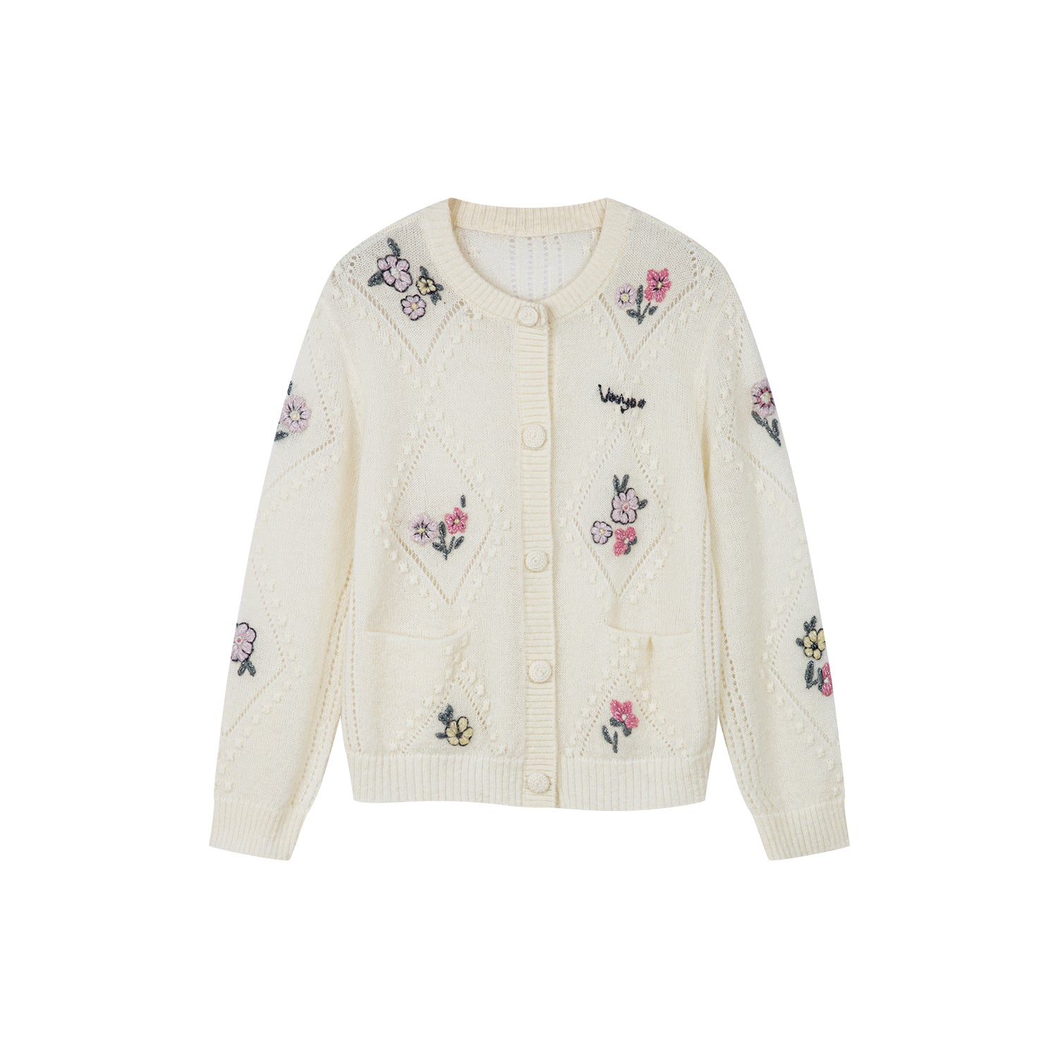 Diamond-pattern floral knit cardigan