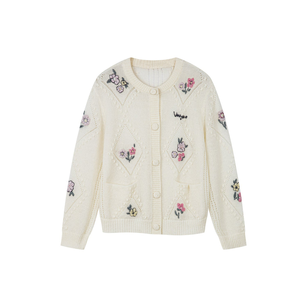 Diamond-pattern floral knit cardigan