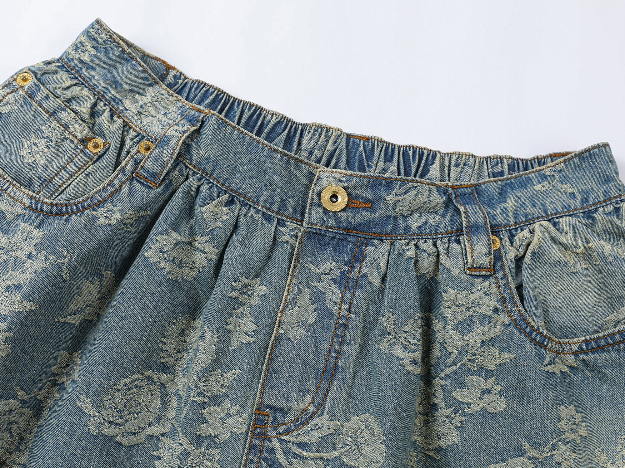 Romantic floral jacquard denim mini skirt