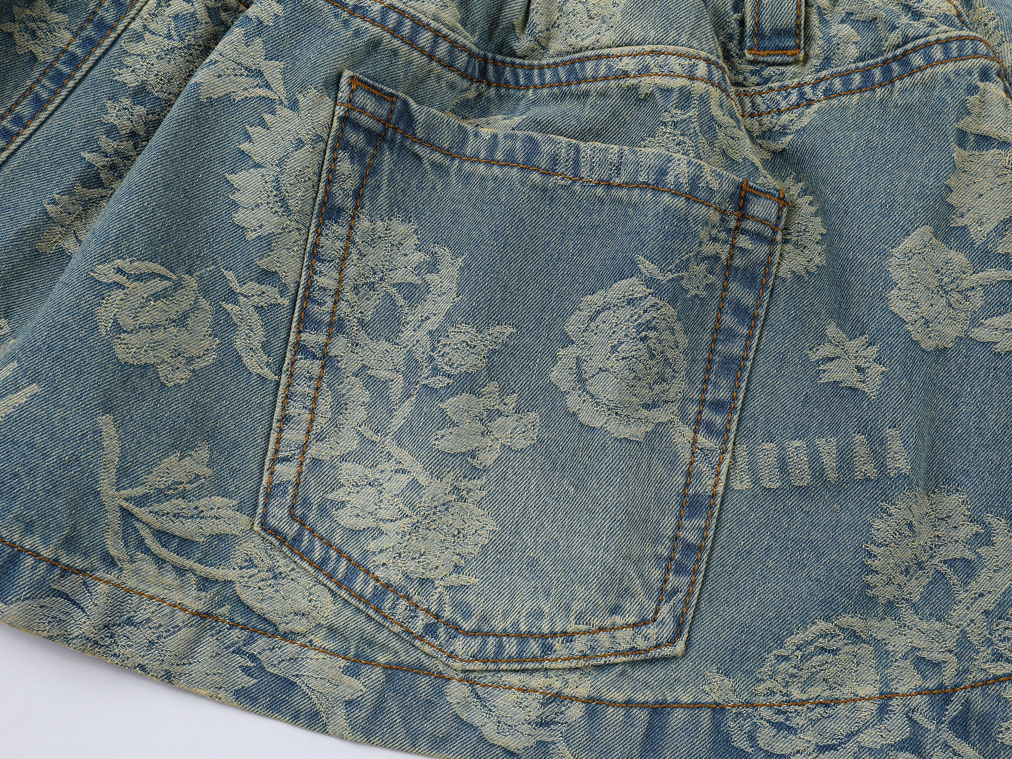 Romantic floral jacquard denim mini skirt