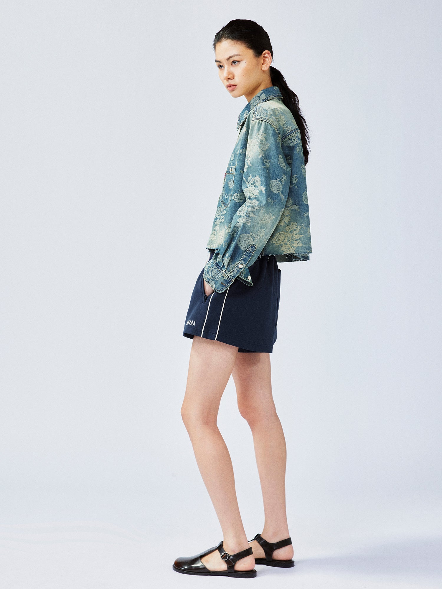 Romantic floral jacquard denim shirt
