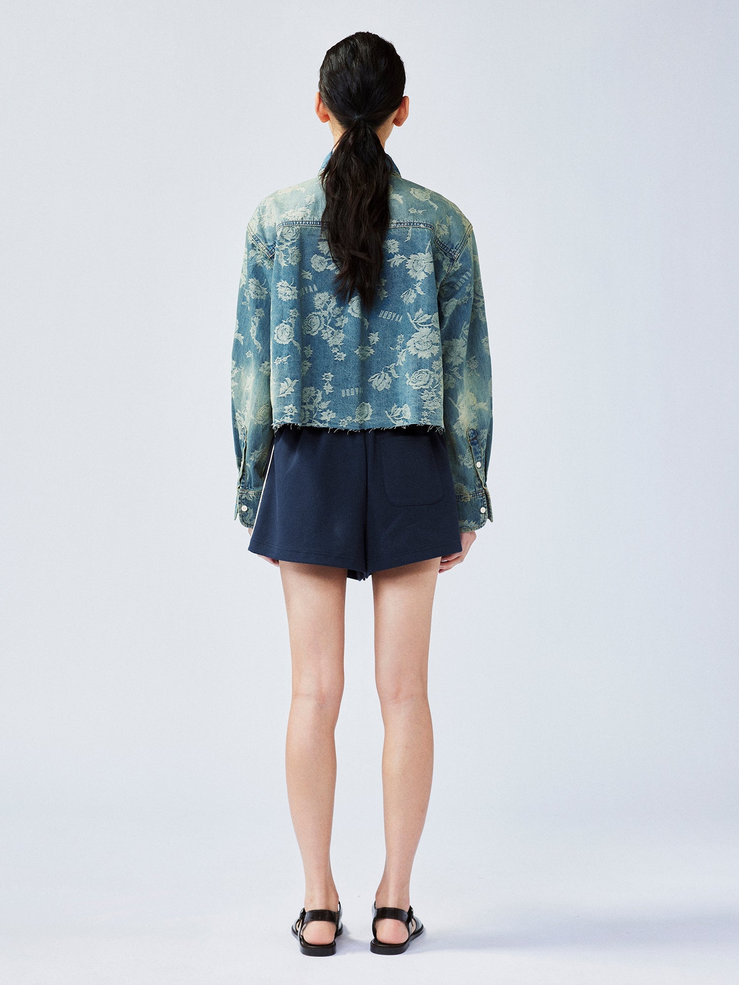 Romantic floral jacquard denim shirt