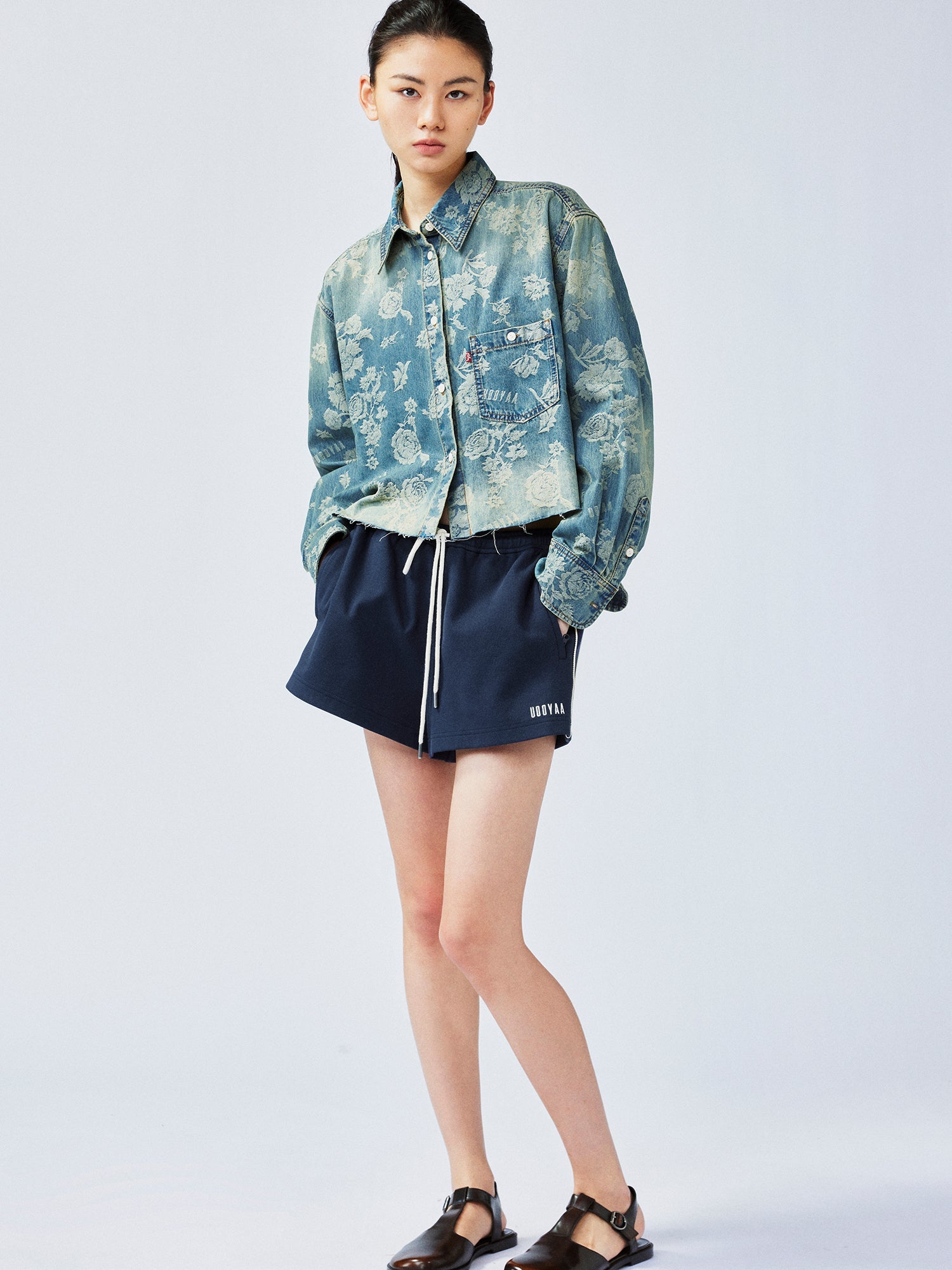 Romantic floral jacquard denim shirt