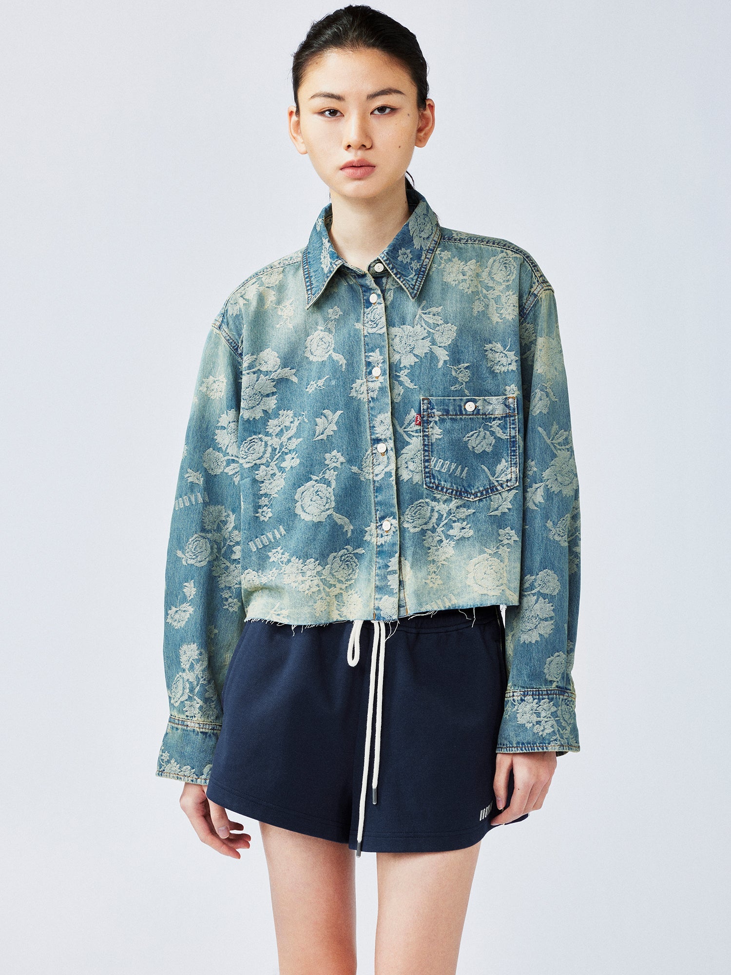 Romantic floral jacquard denim shirt