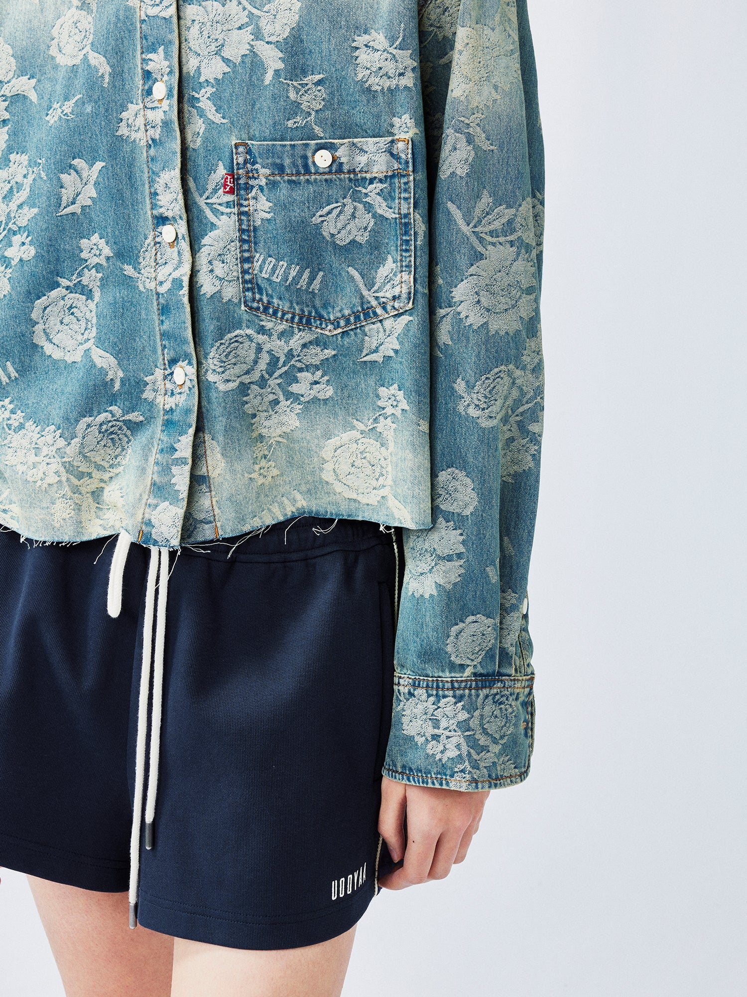 Romantic floral jacquard denim shirt