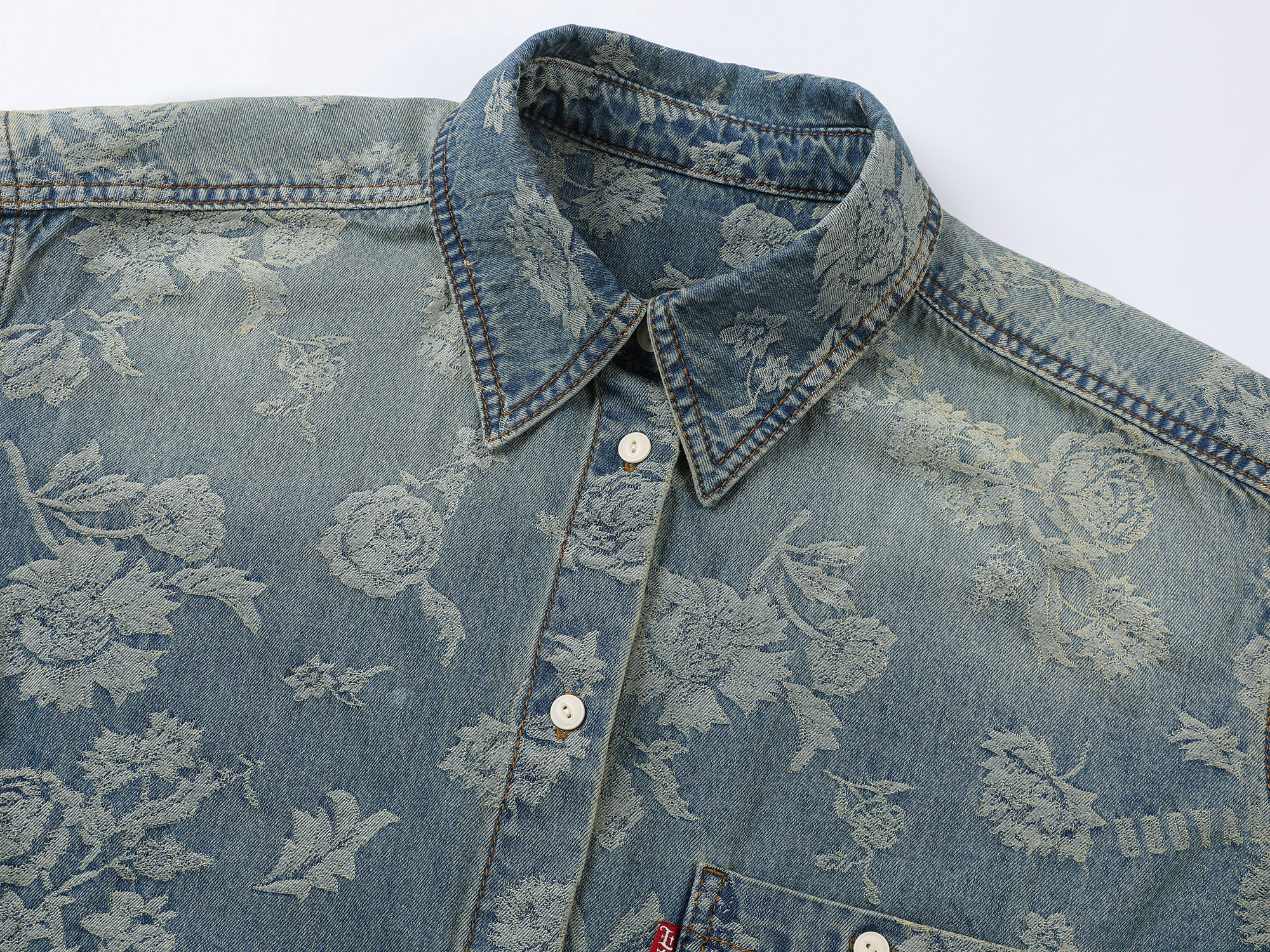 Romantic floral jacquard denim shirt