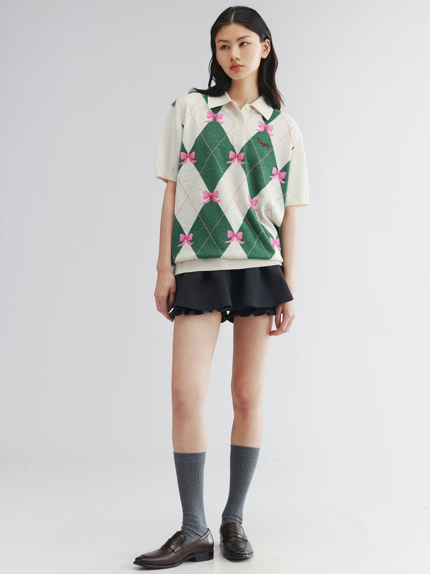 Classic bow argyle polo sweater