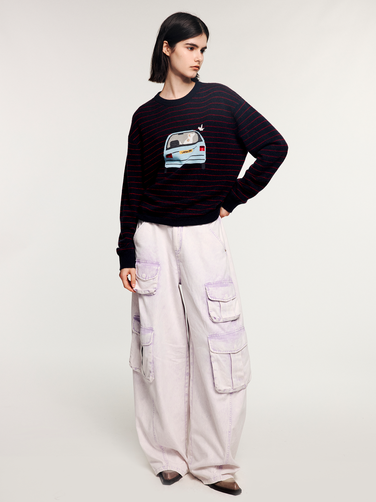 Traveling puppy print stripe sweater