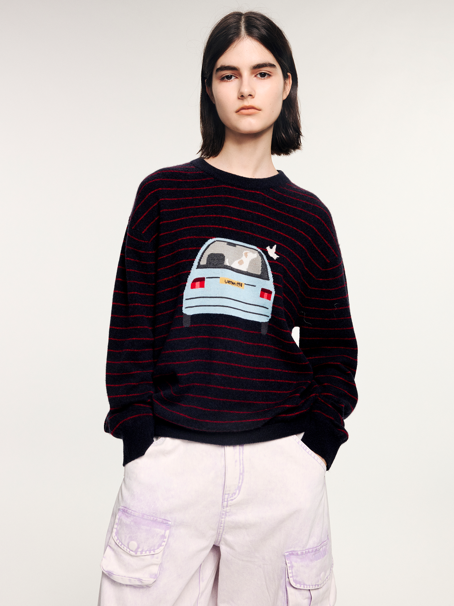 Traveling puppy print stripe sweater