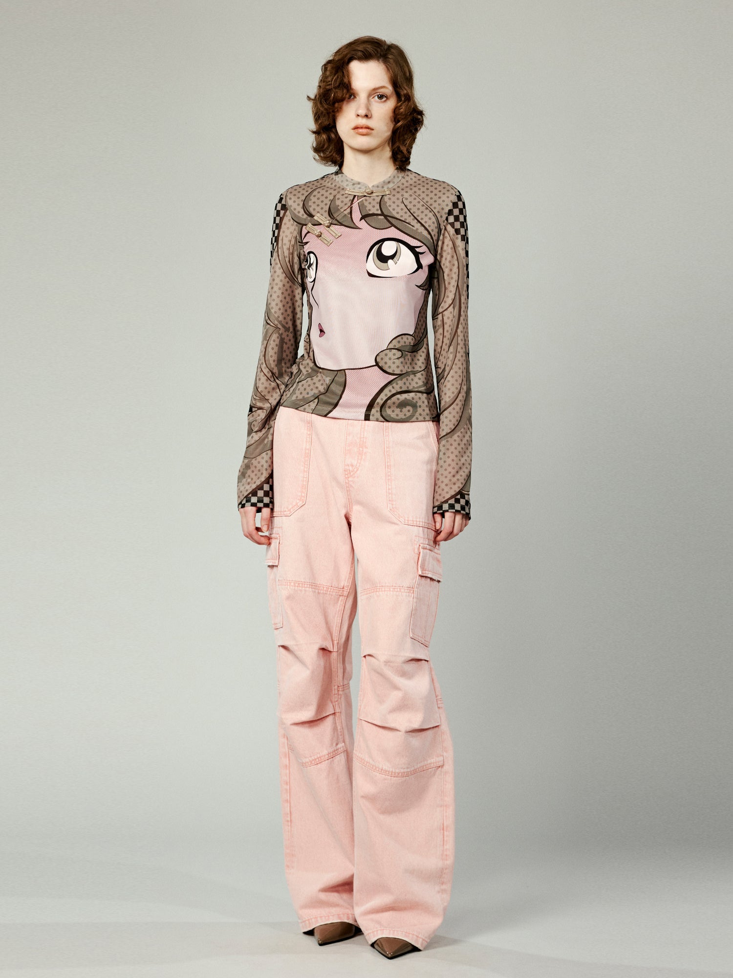 Pop art comic girl chinese-style mesh top