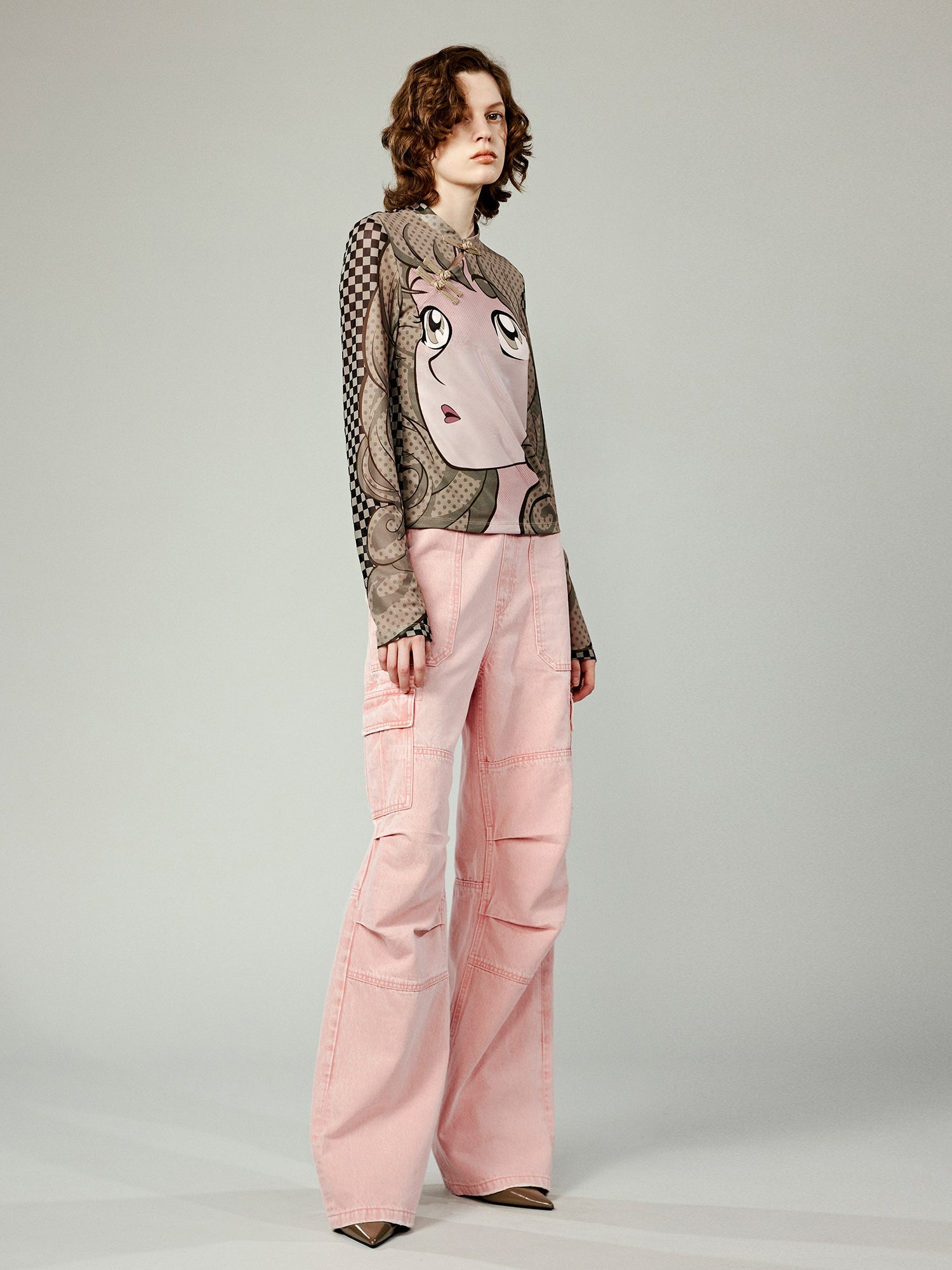 Pop art comic girl chinese-style mesh top