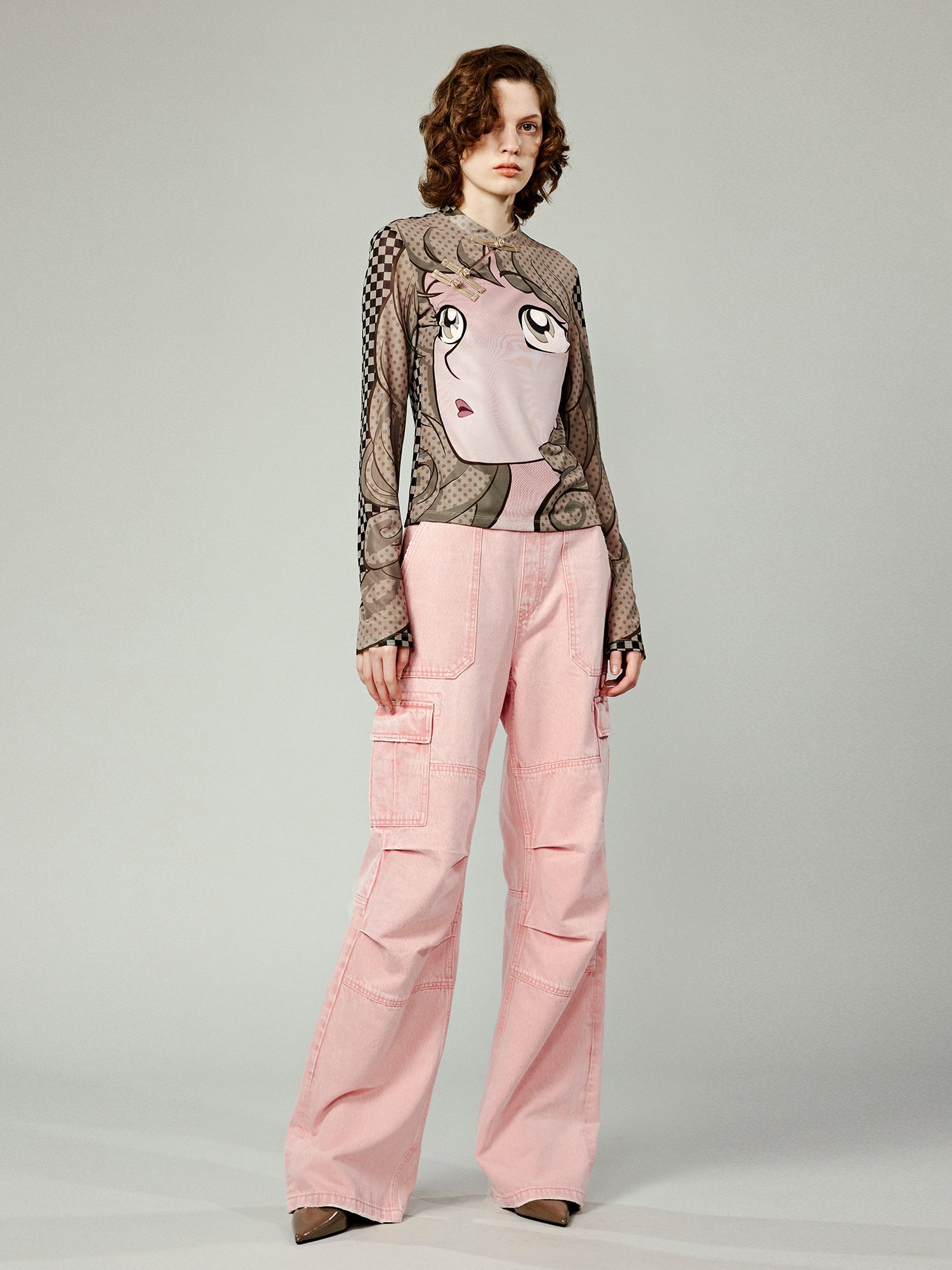 Pop art comic girl chinese-style mesh top