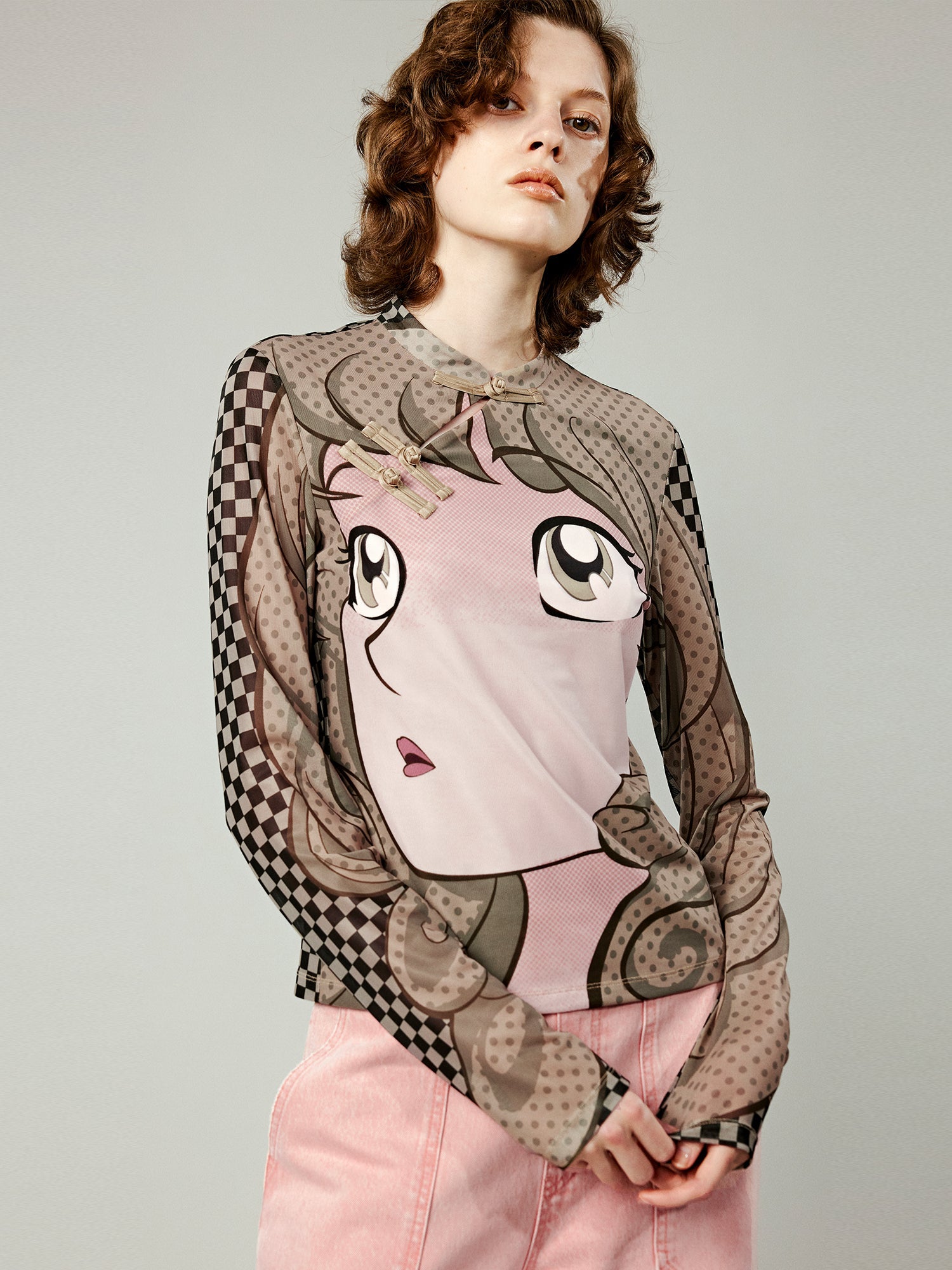 Pop art comic girl chinese-style mesh top