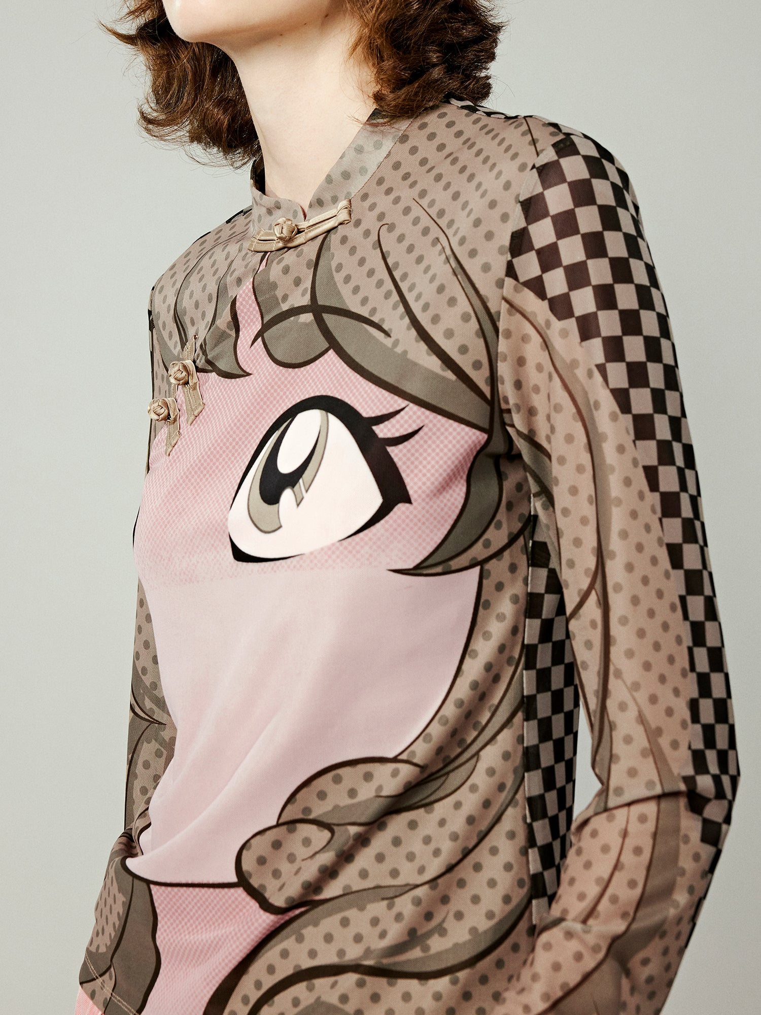 Pop art comic girl chinese-style mesh top