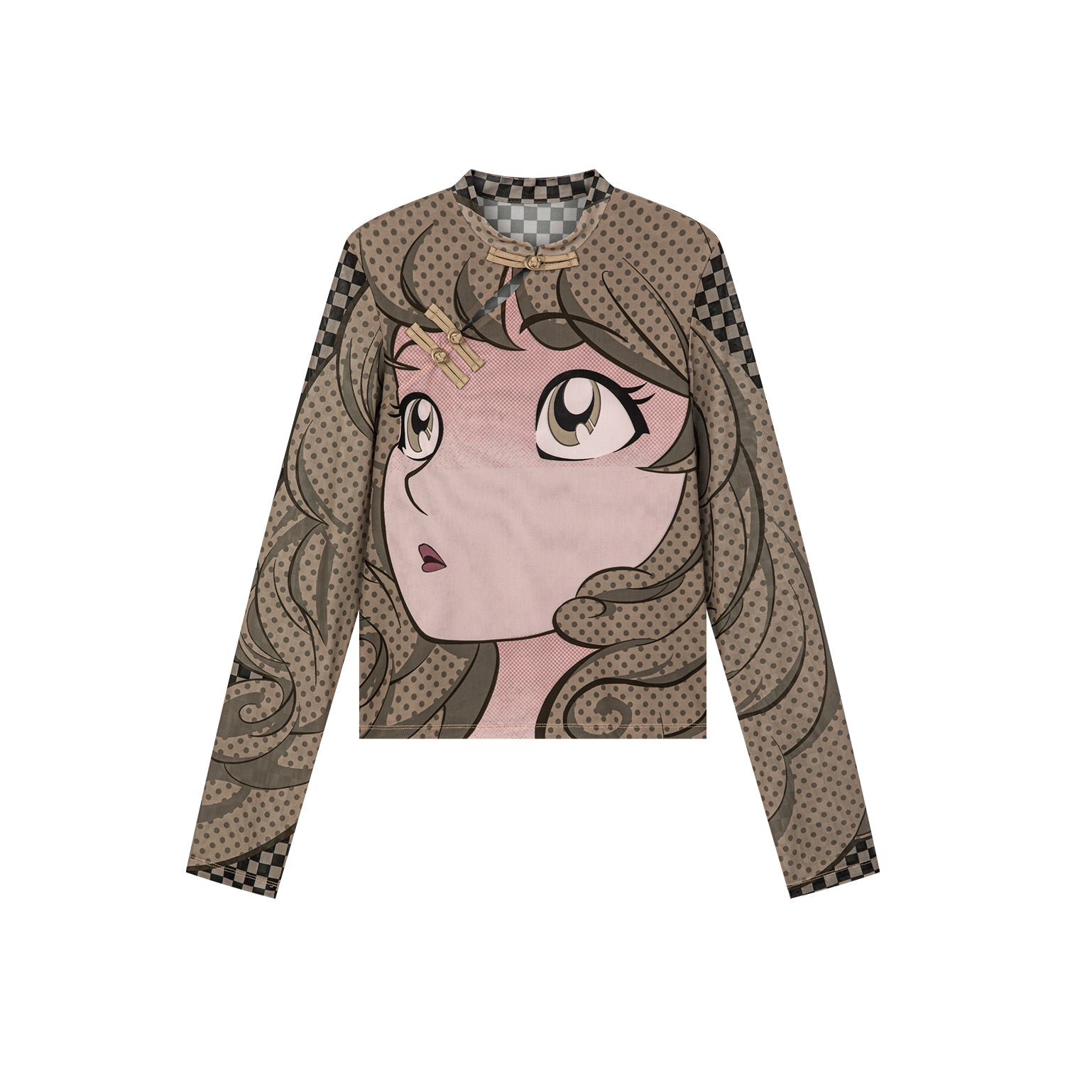 ポップアートコミックガールの中国風メッシュトップ