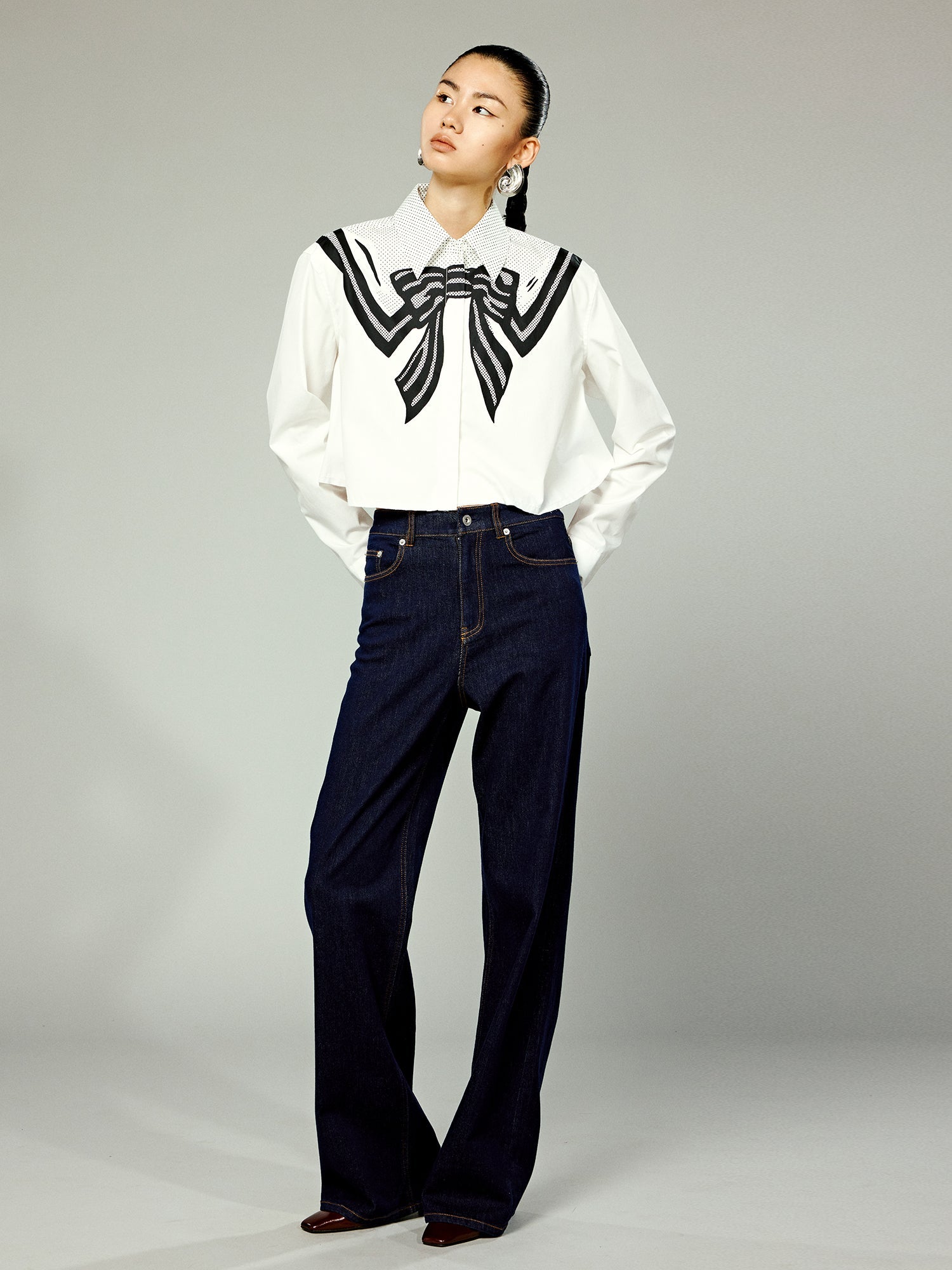 Pop art sailor collar bow cropped shirt