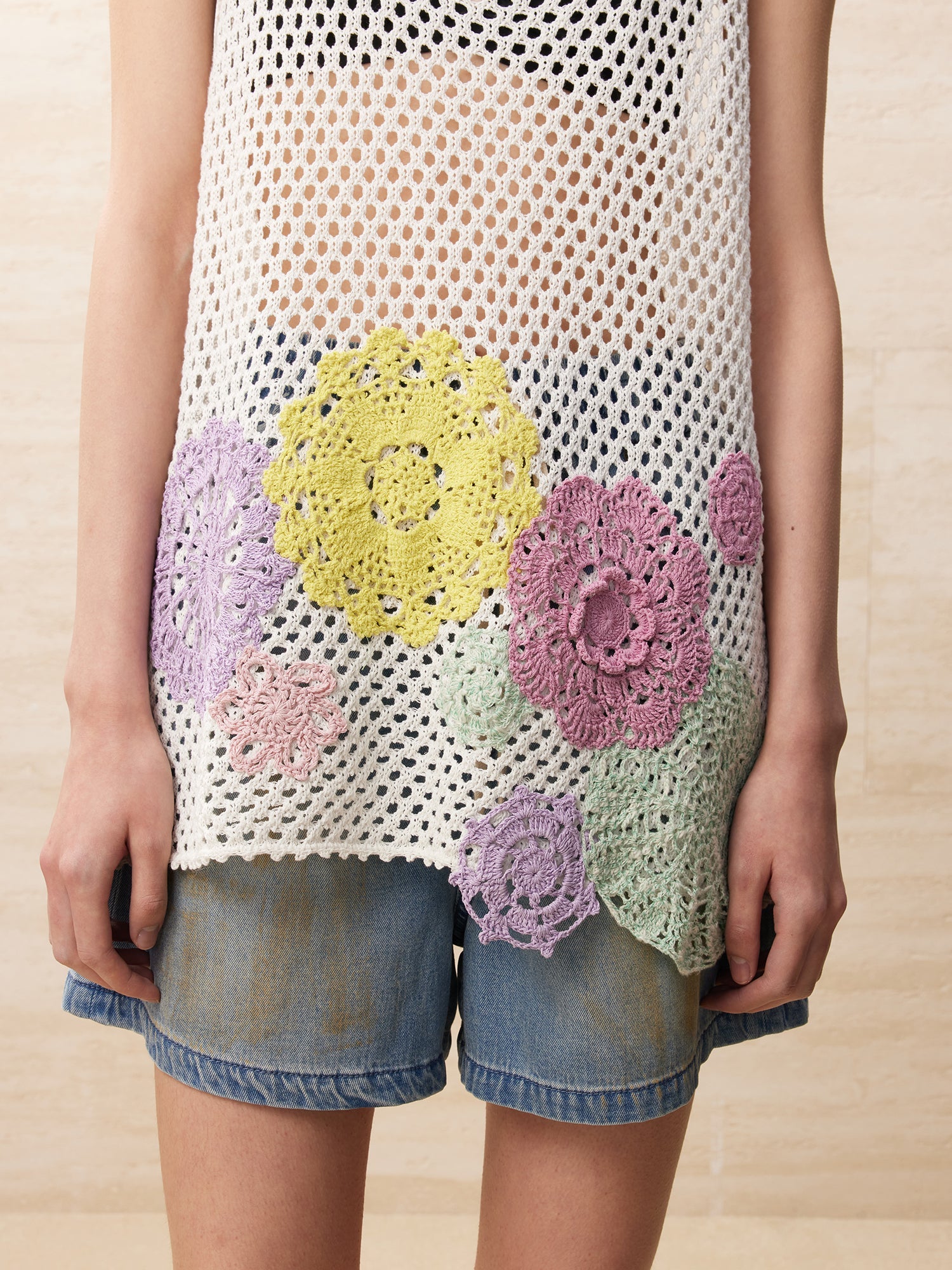 Oversized knitted crochet floral vest