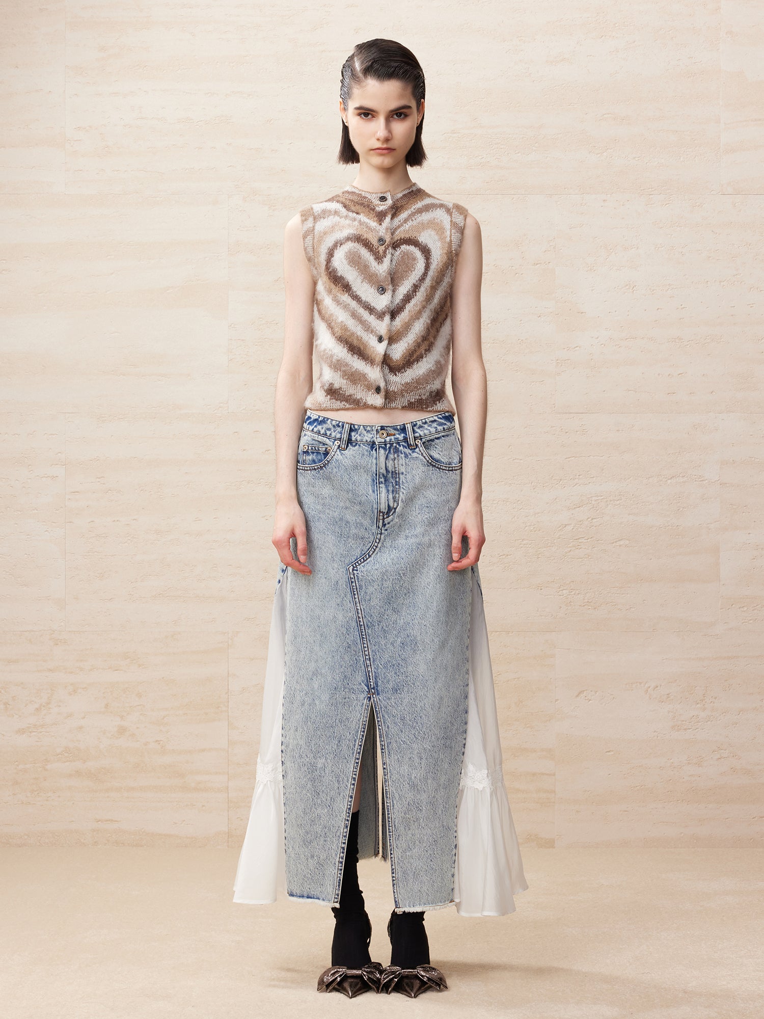 Deconstructed washed denim skirt