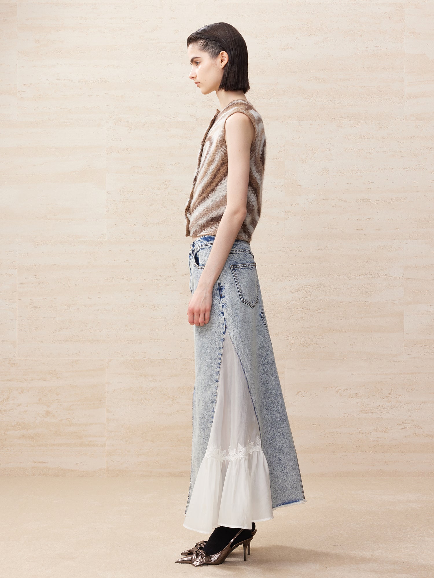 Deconstructed washed denim skirt