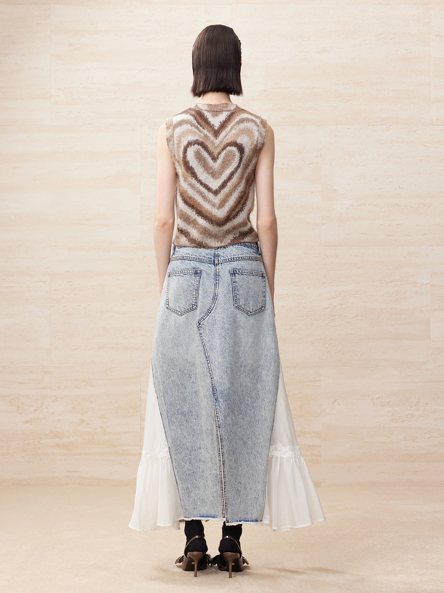 Deconstructed washed denim skirt