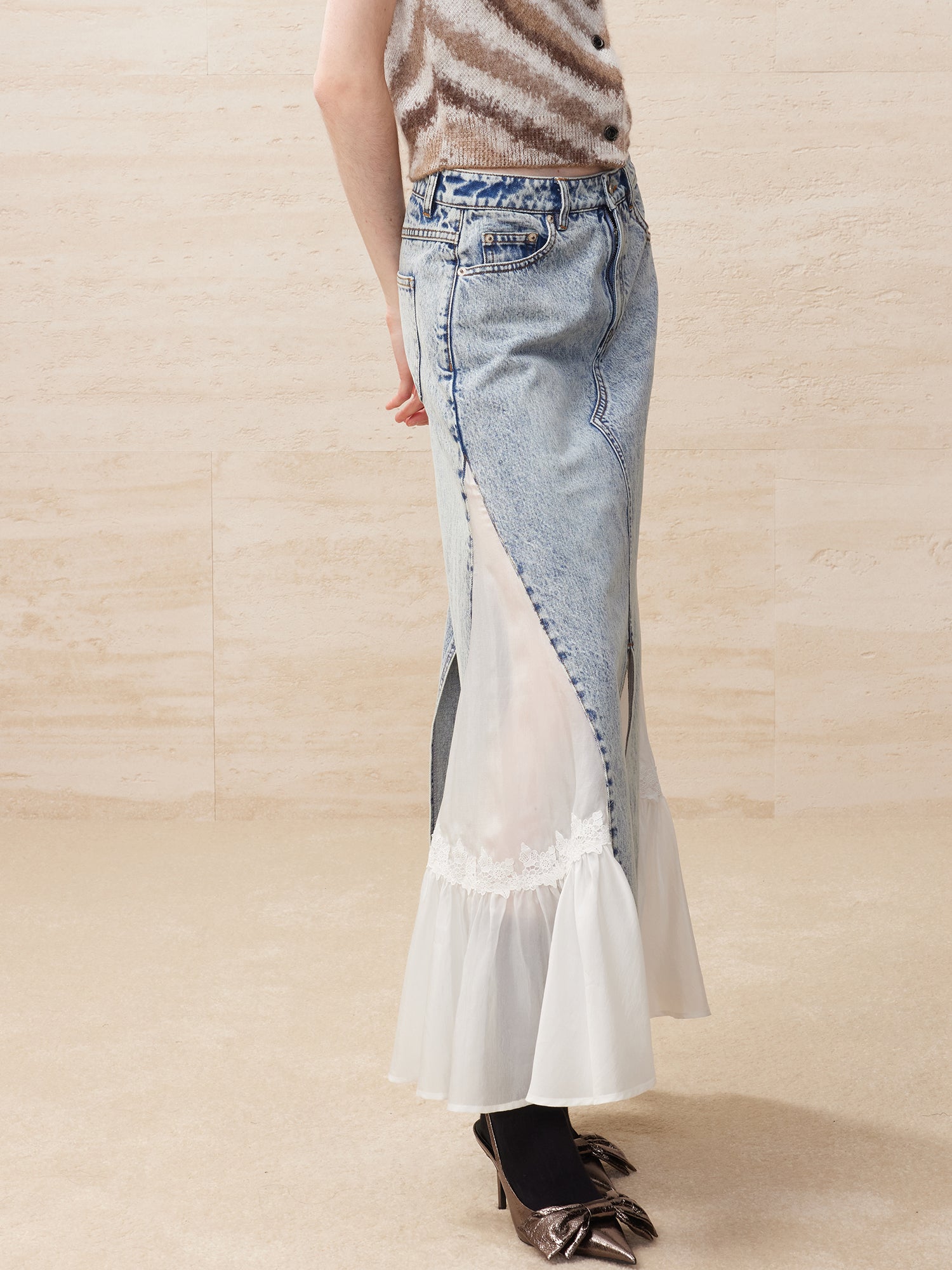 Deconstructed washed denim skirt