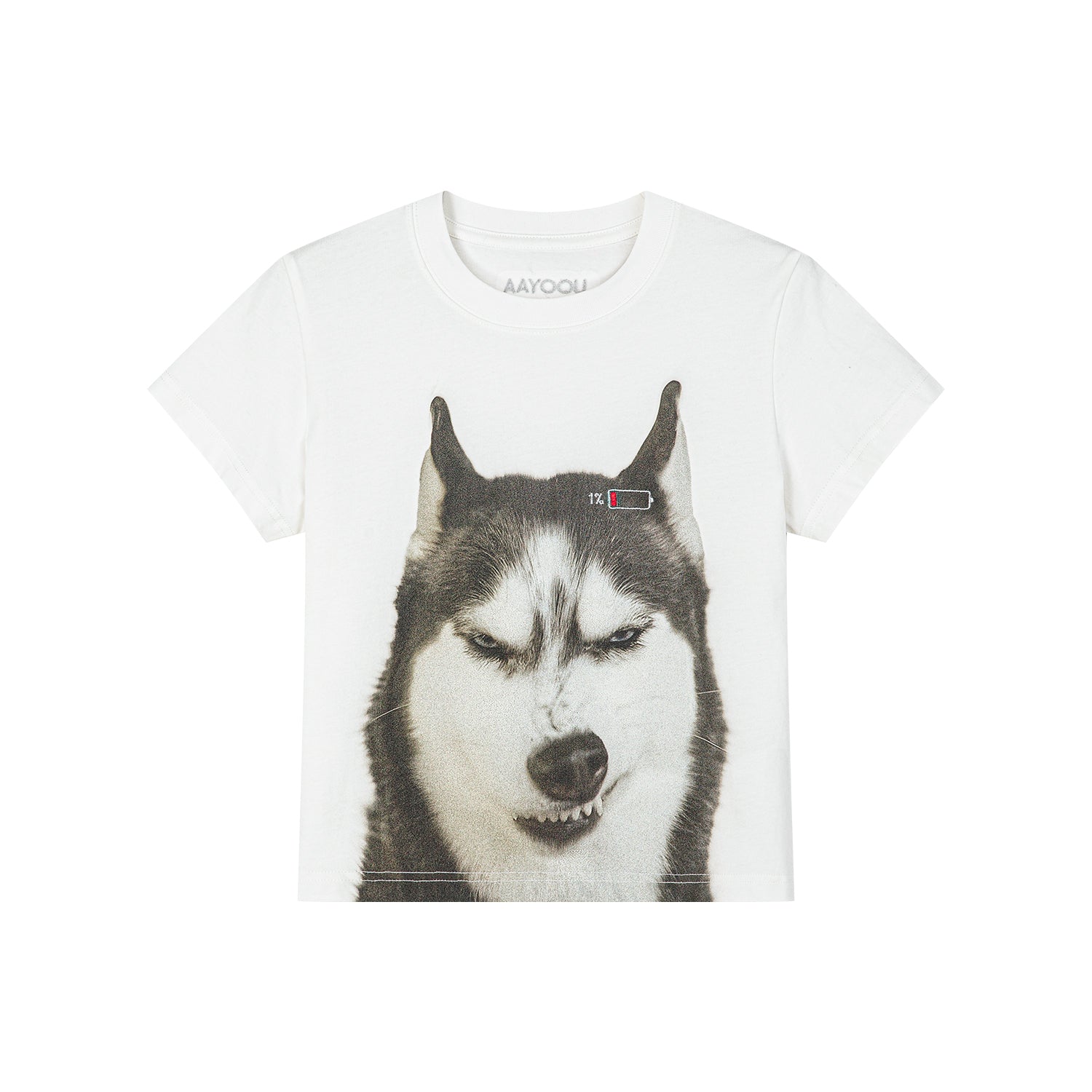 バッテリー残量が少ないシベリアンハスキーのポートレートTシャツ
