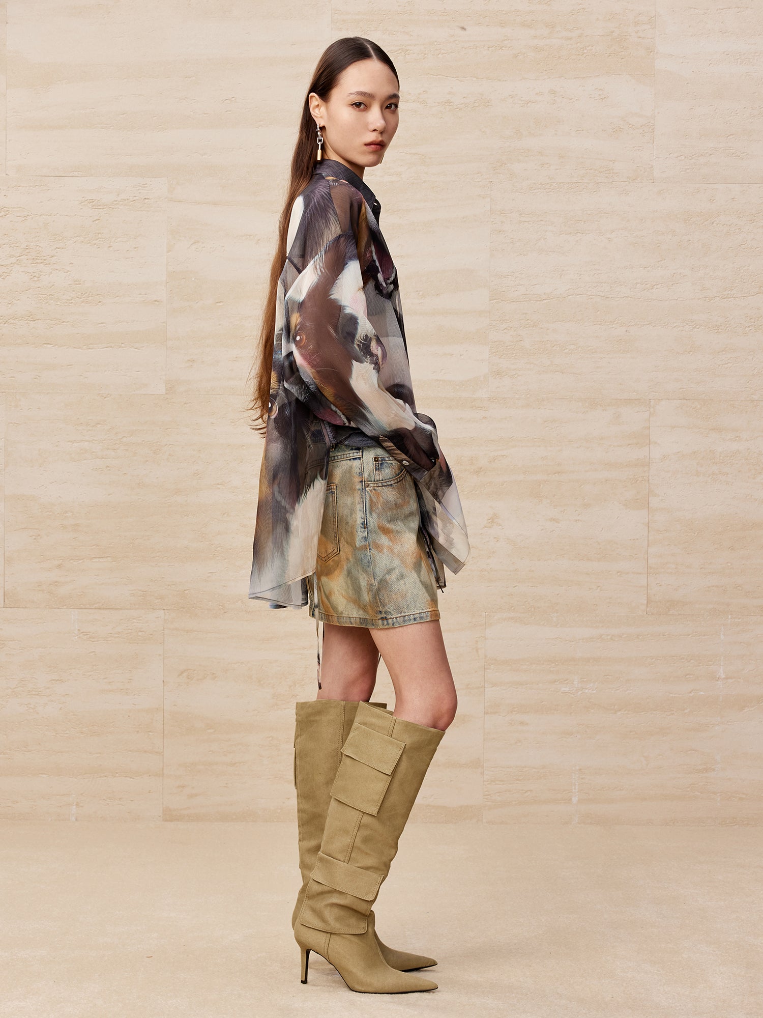 Deconstructed dirty washed denim short skirt