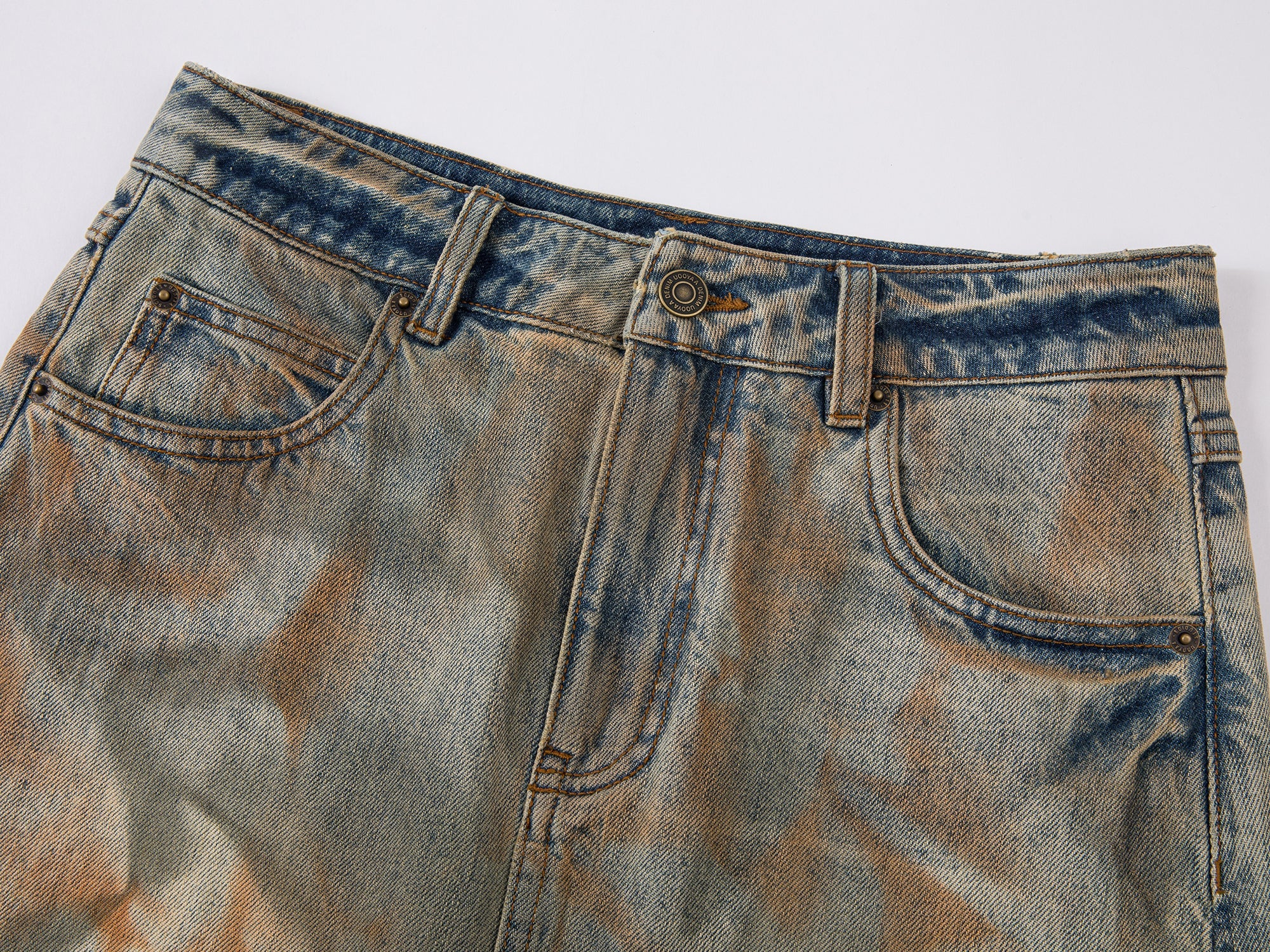 Deconstructed dirty washed denim short skirt