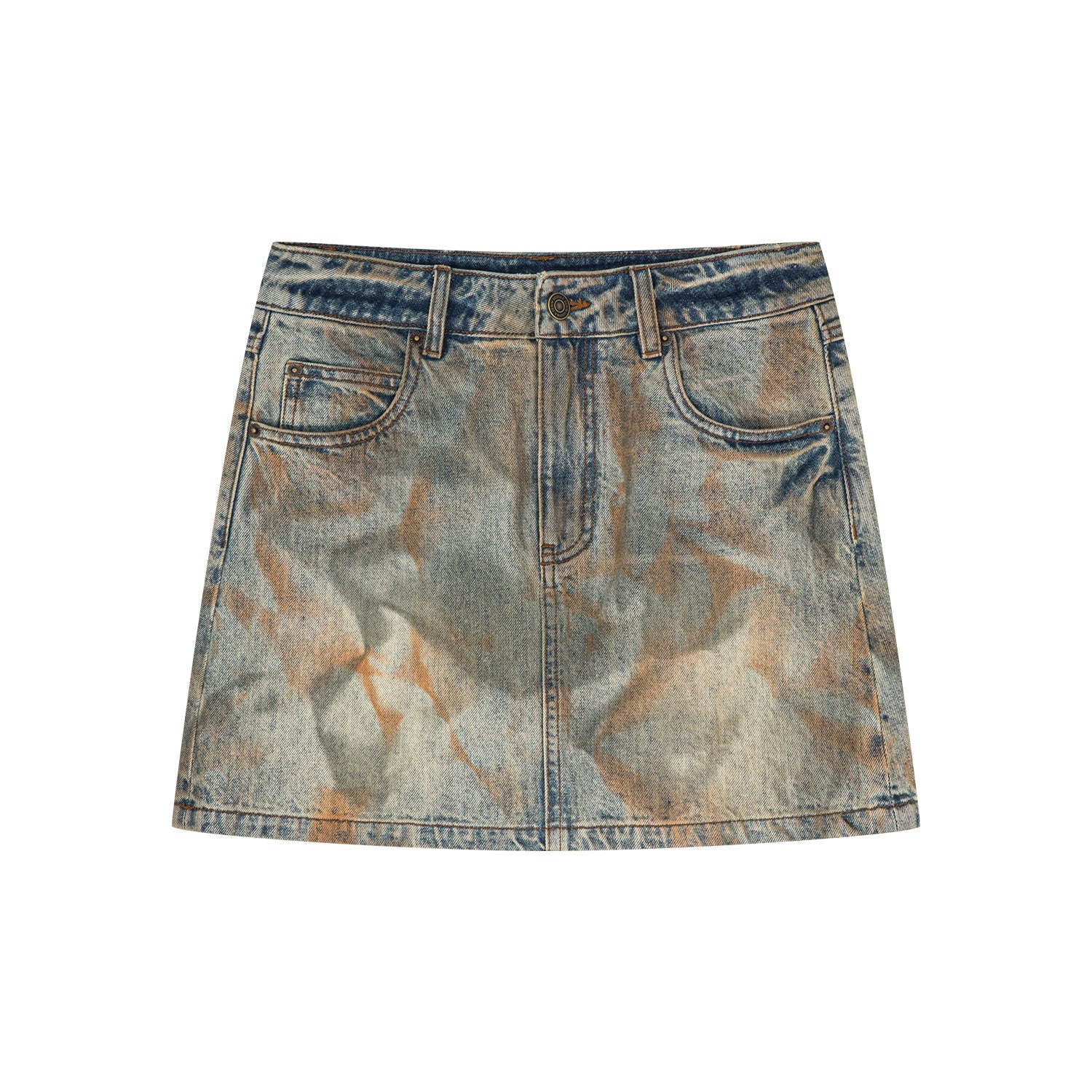 Deconstructed dirty washed denim short skirt