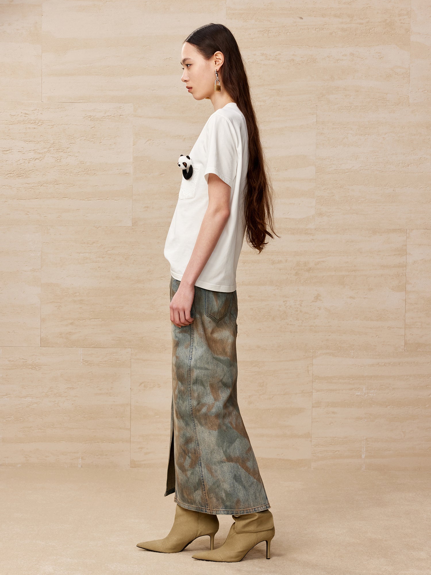 Deconstructed dirty washed denim long skirt