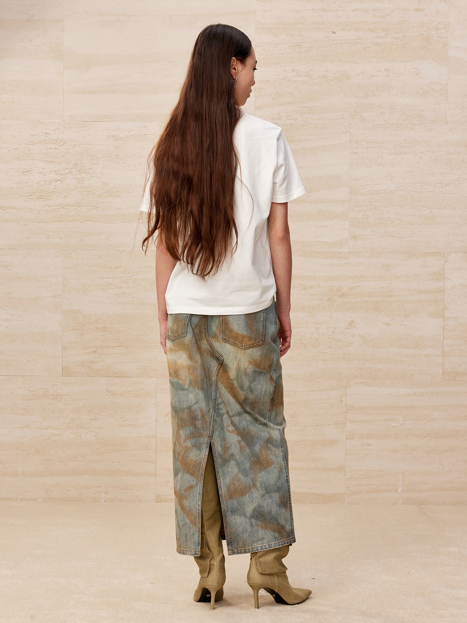 Deconstructed dirty washed denim long skirt