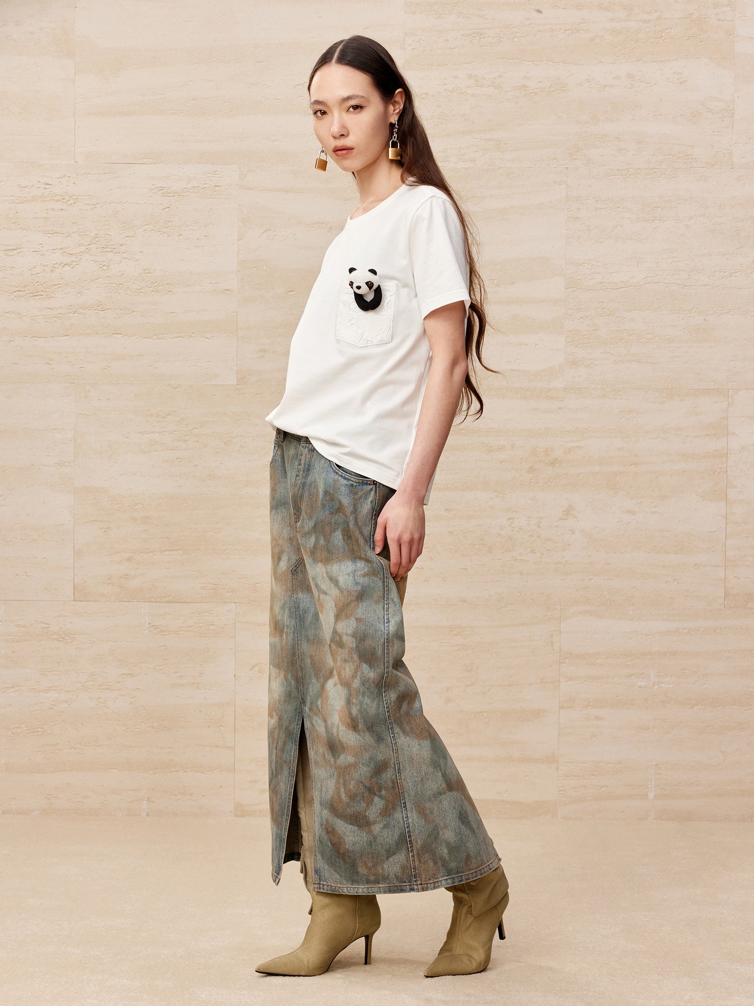 Deconstructed dirty washed denim long skirt